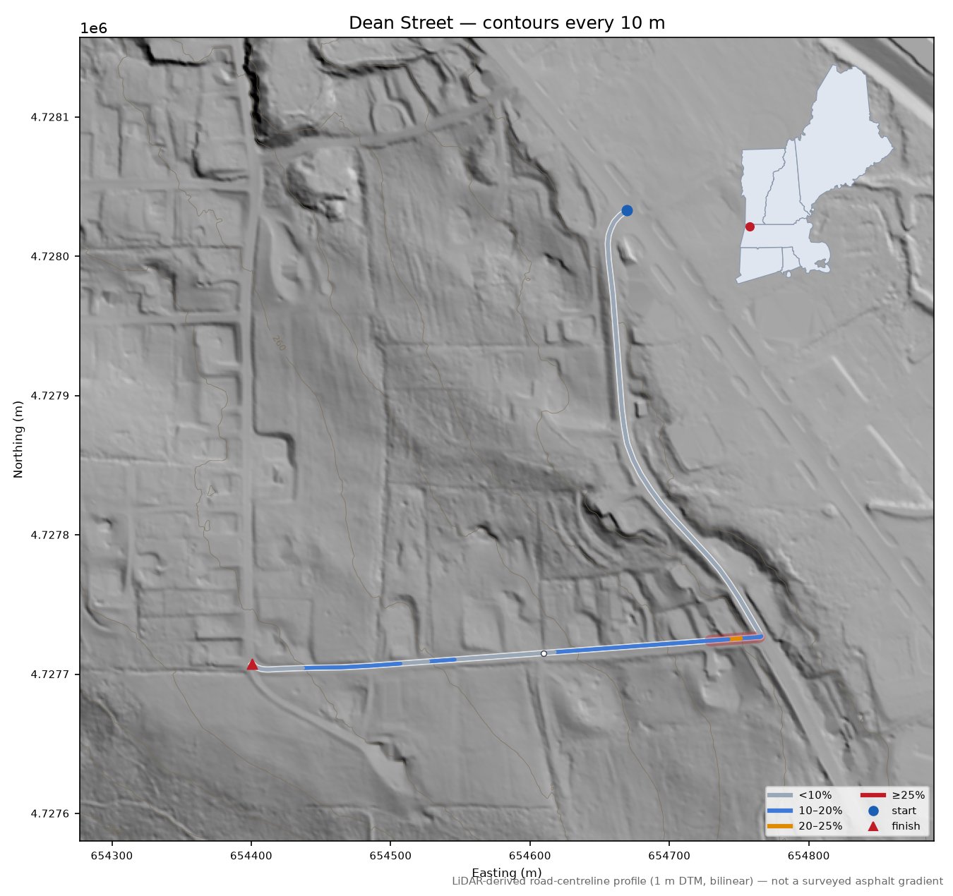 Dean Street LiDAR hillshade map with contours