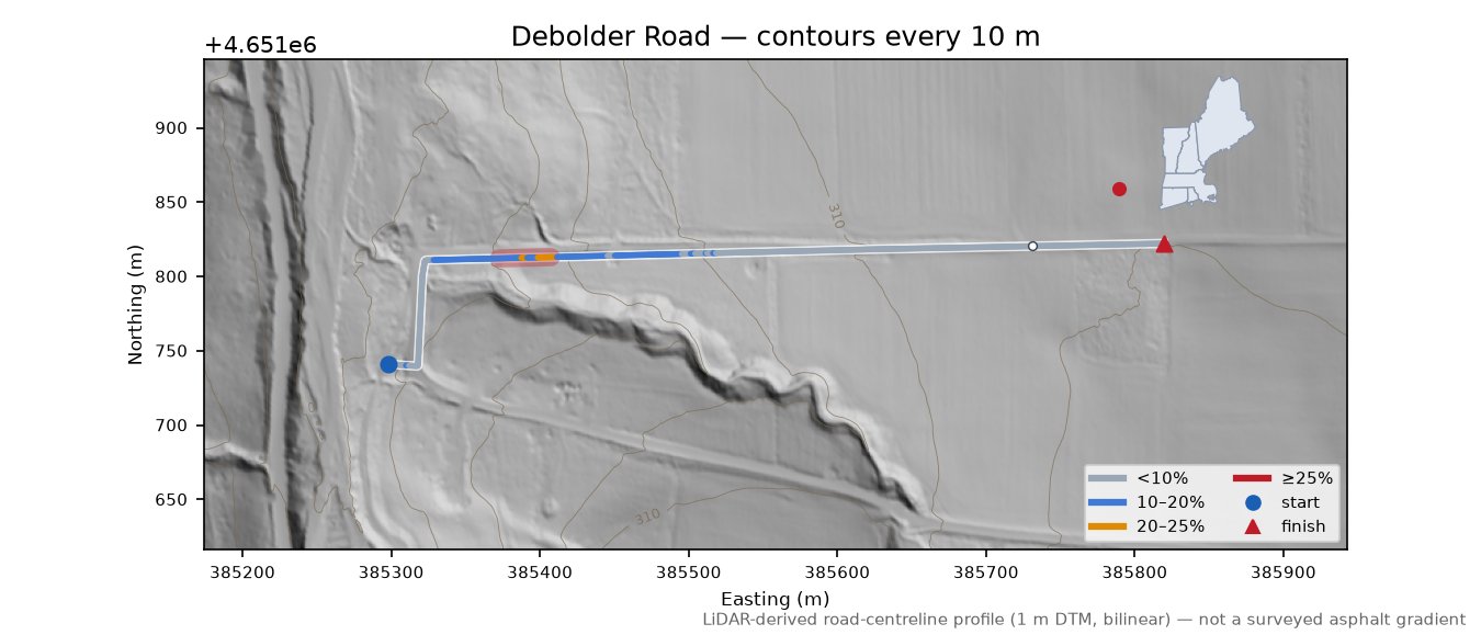 Debolder Road LiDAR hillshade map with contours