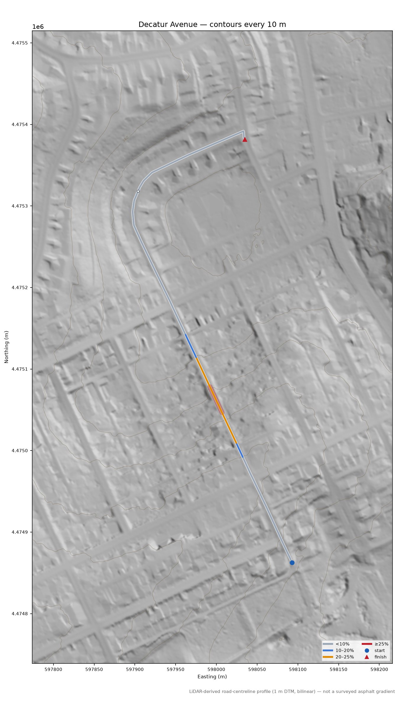 Decatur Avenue LiDAR hillshade map with contours