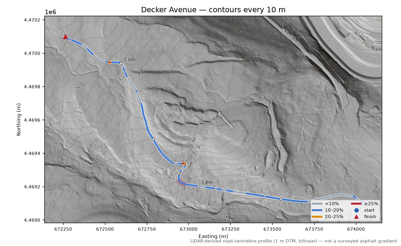 Decker Avenue LiDAR hillshade map with contours