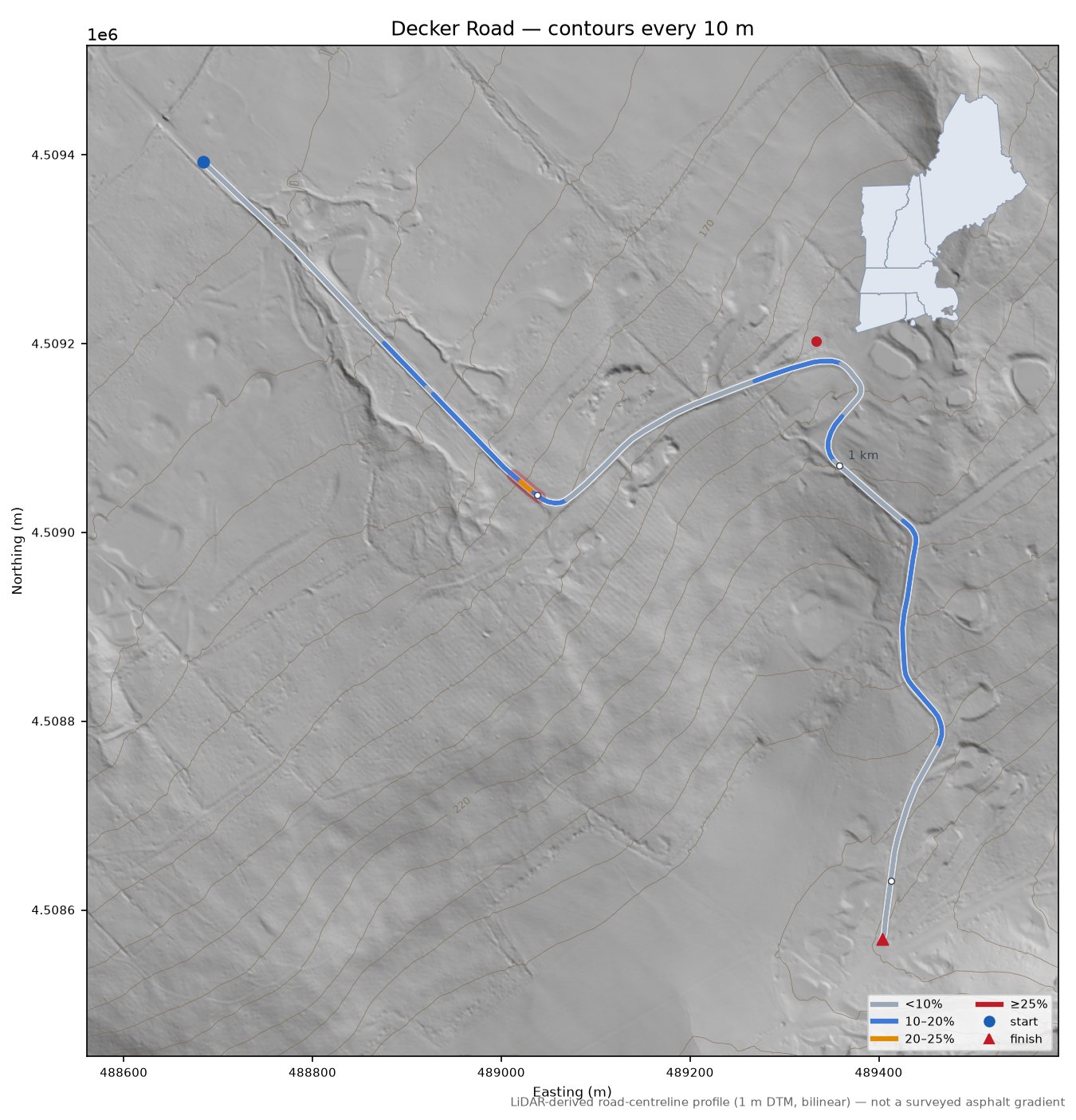 Decker Road LiDAR hillshade map with contours