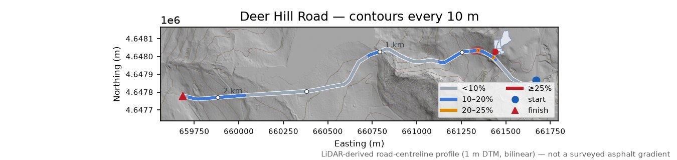 Deer Hill Road LiDAR hillshade map with contours