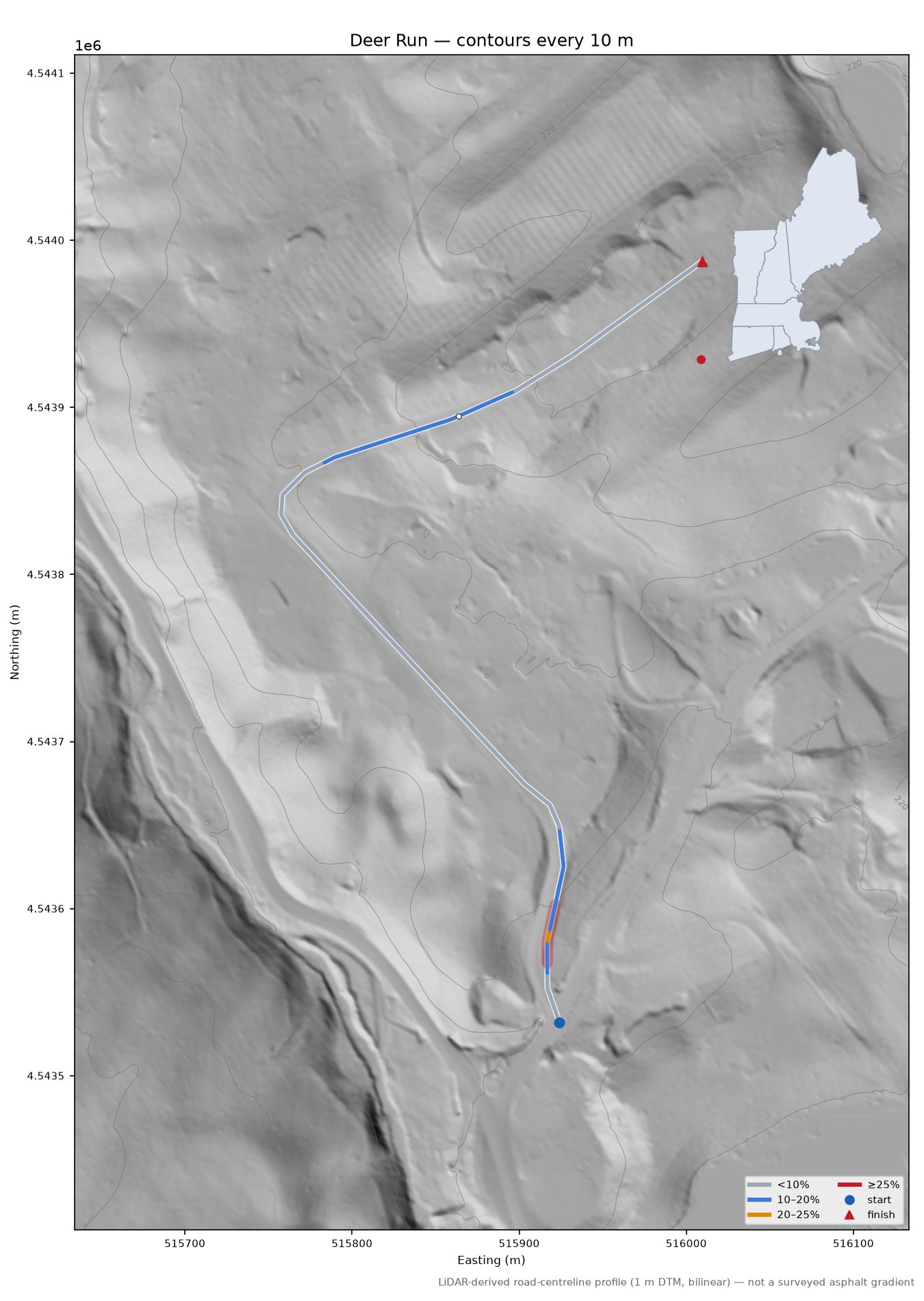 Deer Run LiDAR hillshade map with contours