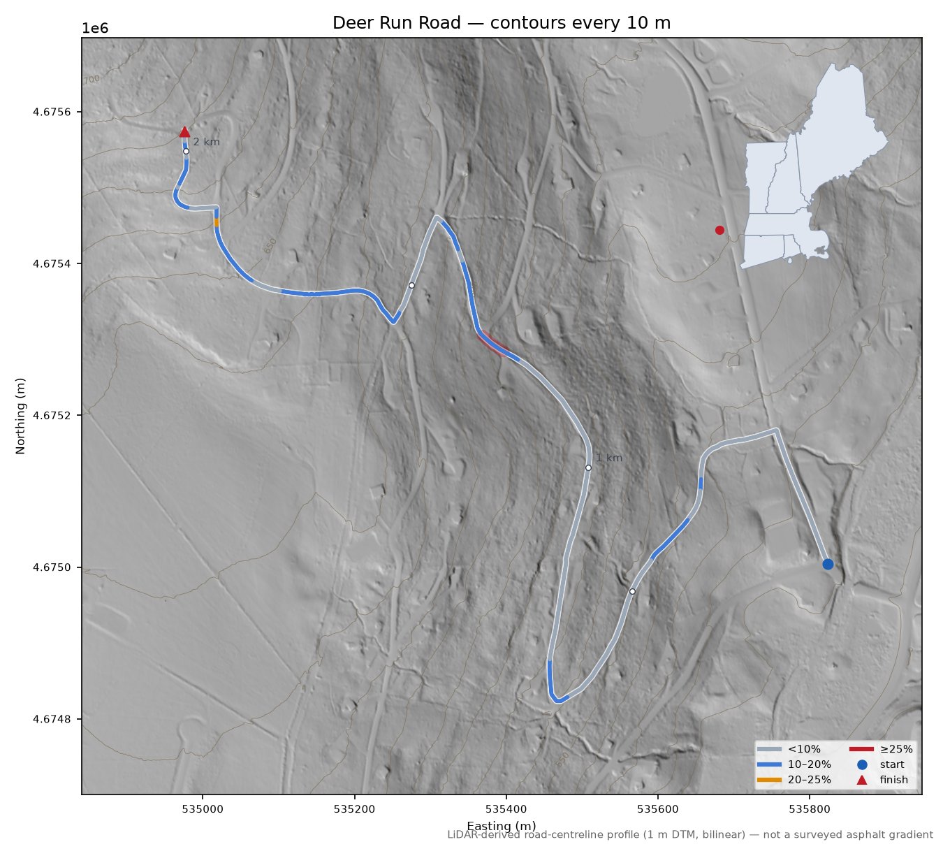 Deer Run Road LiDAR hillshade map with contours