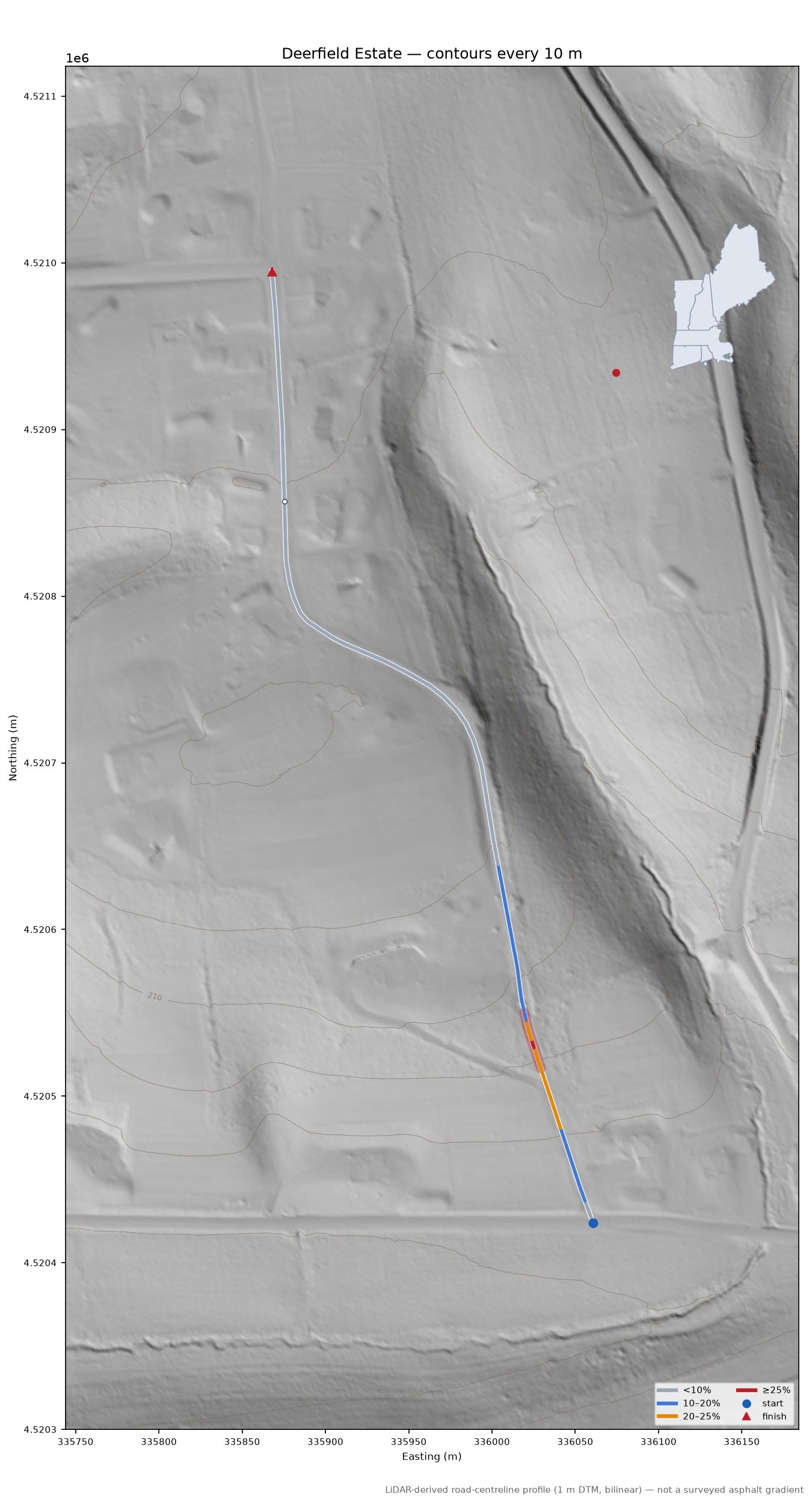 Deerfield Estate LiDAR hillshade map with contours