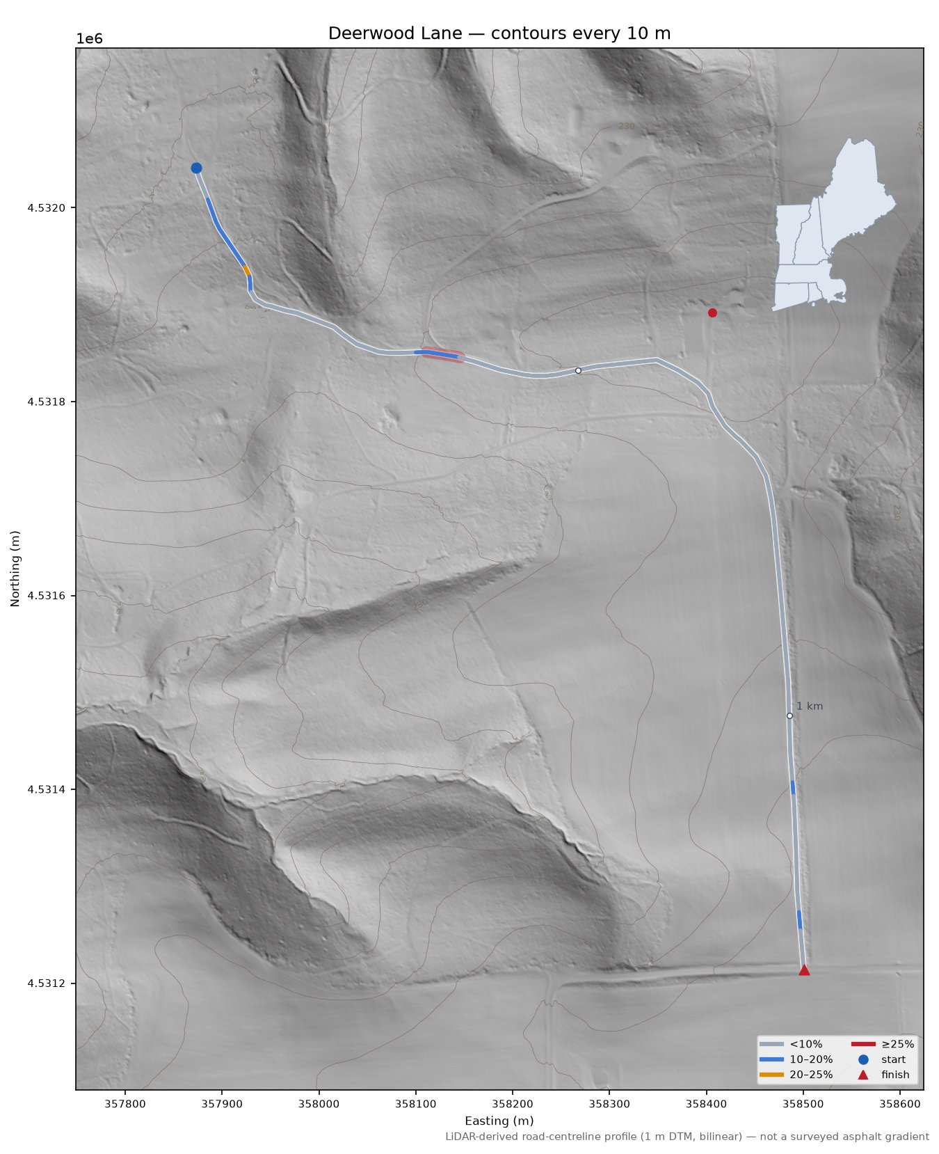 Deerwood Lane LiDAR hillshade map with contours