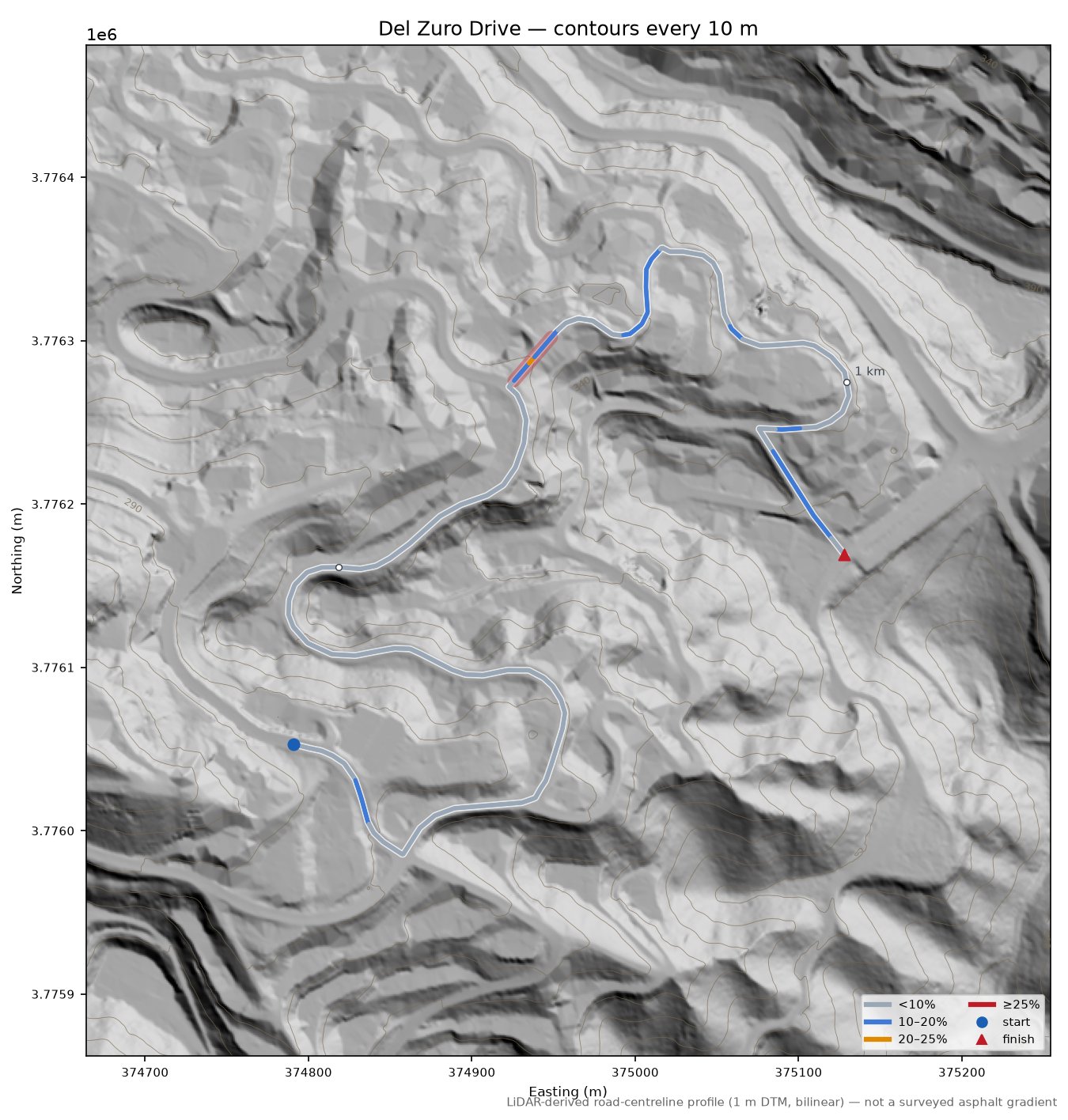Del Zuro Drive LiDAR hillshade map with contours