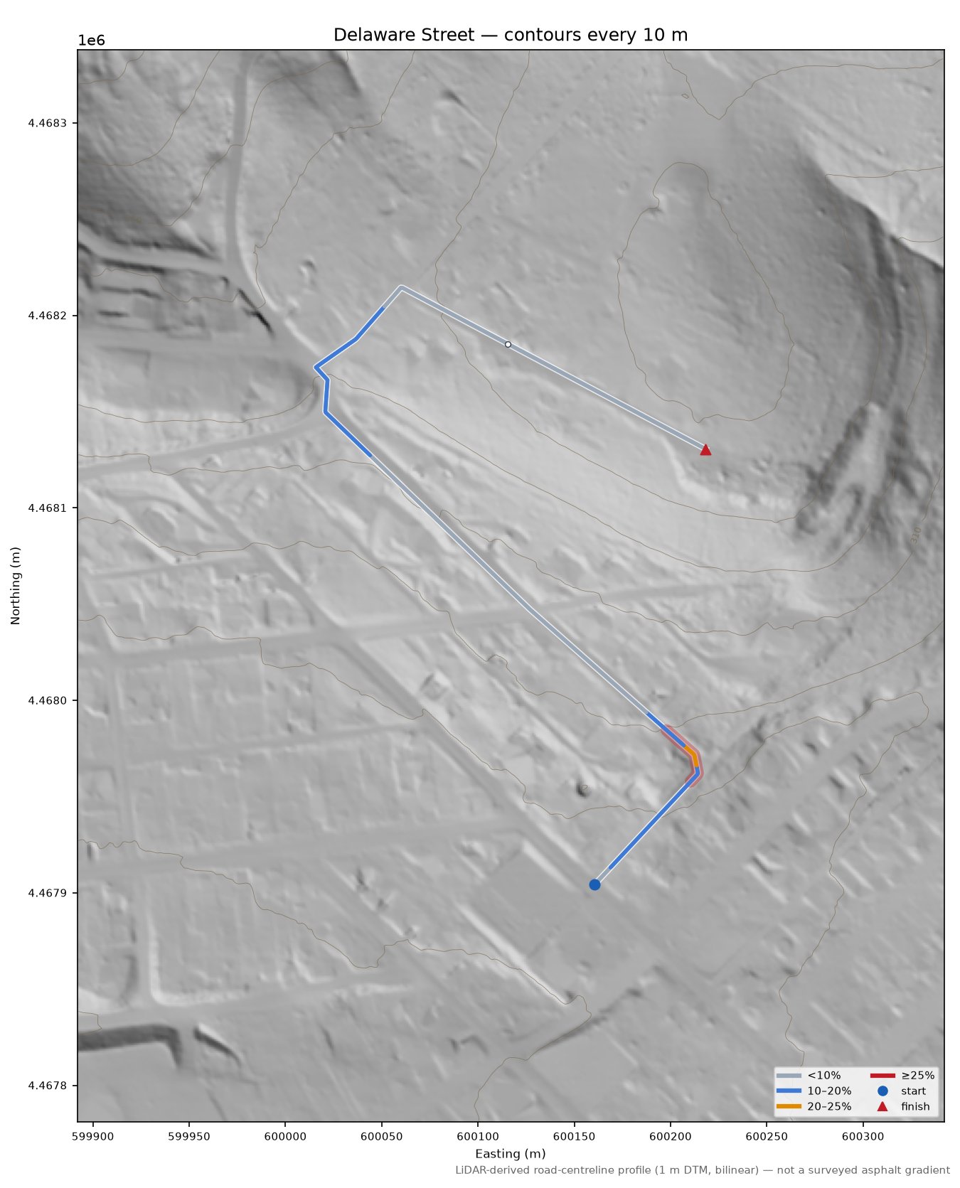 Delaware Street LiDAR hillshade map with contours