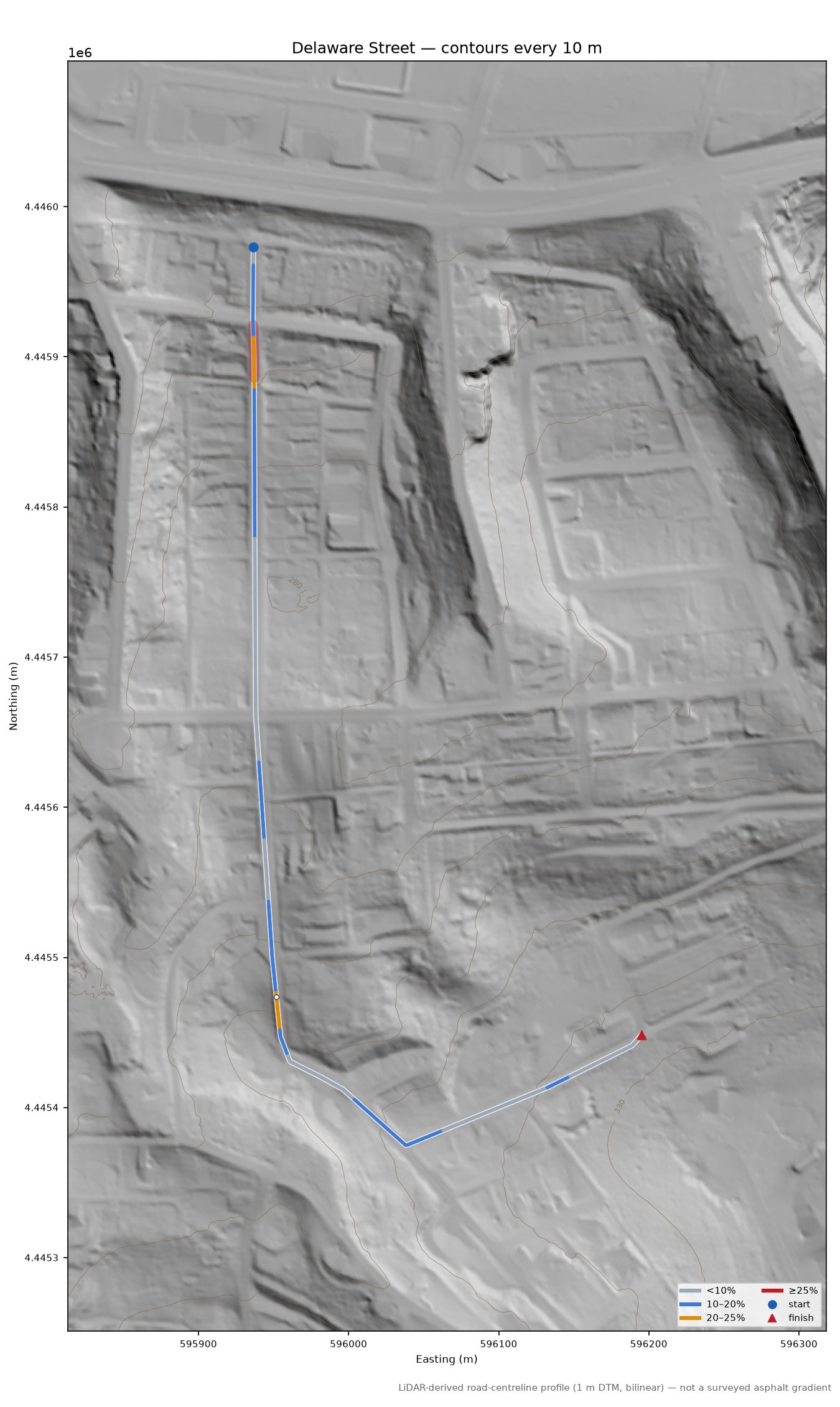 Delaware Street LiDAR hillshade map with contours