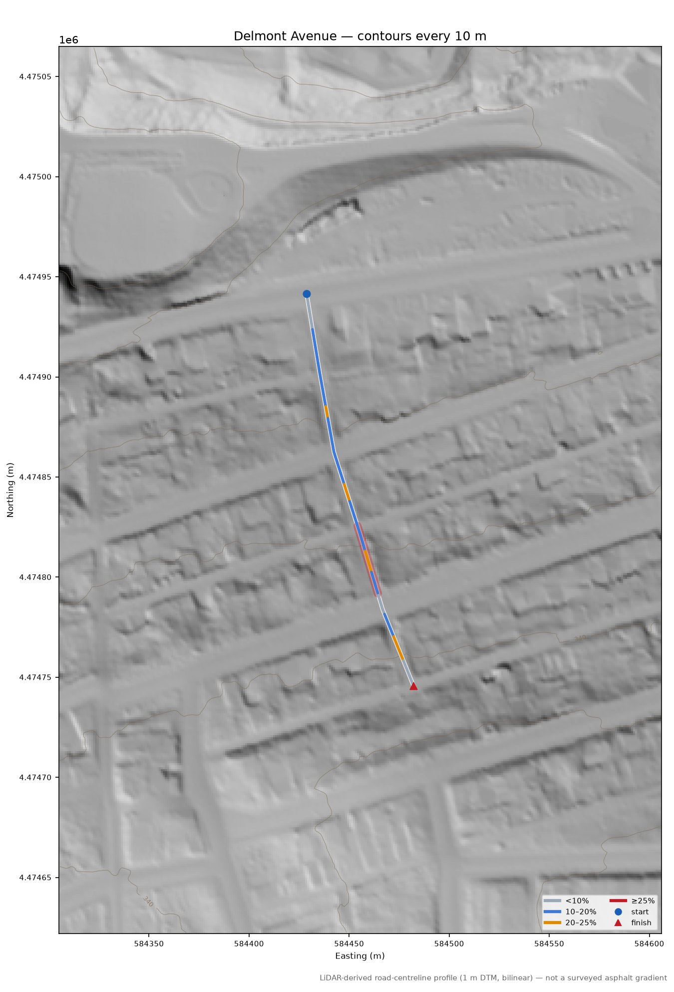 Delmont Avenue LiDAR hillshade map with contours