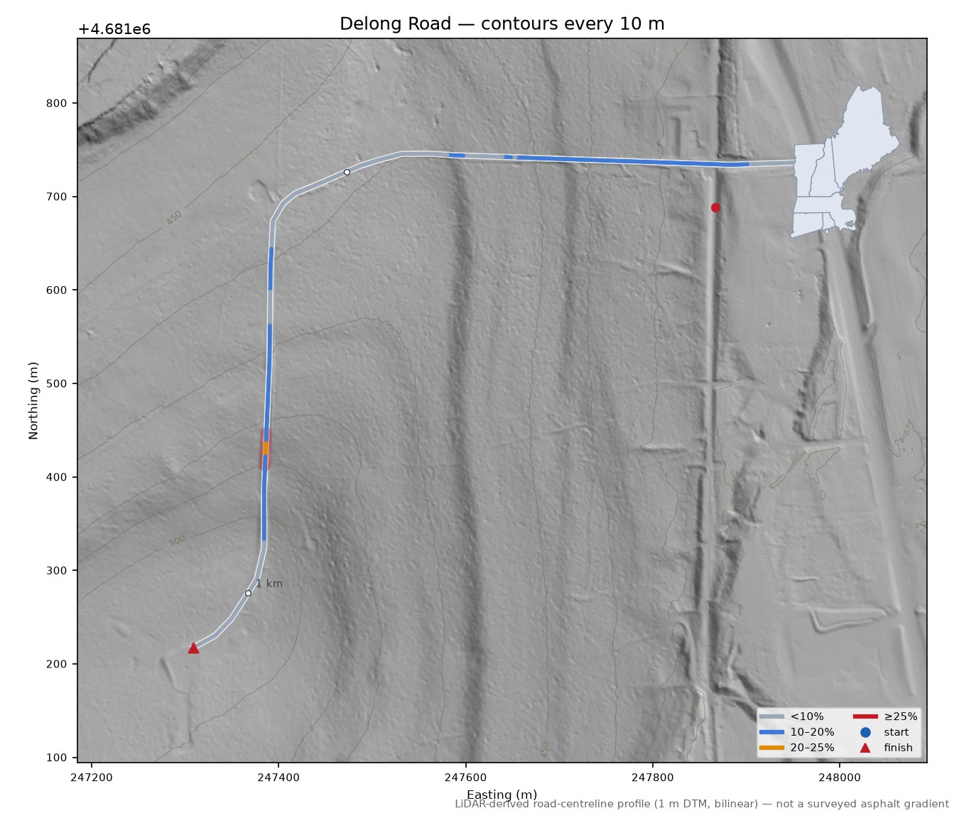 Delong Road LiDAR hillshade map with contours