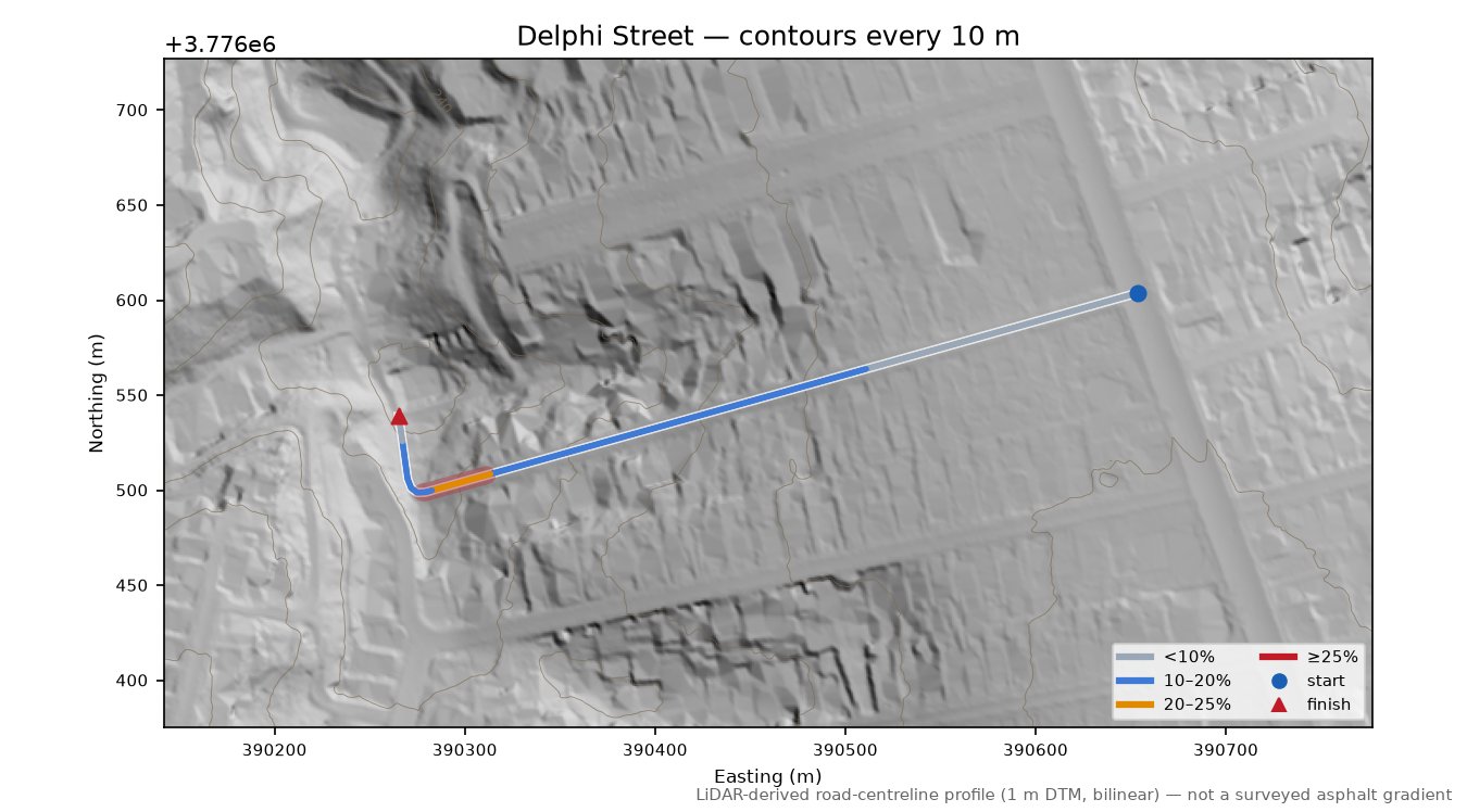 Delphi Street LiDAR hillshade map with contours