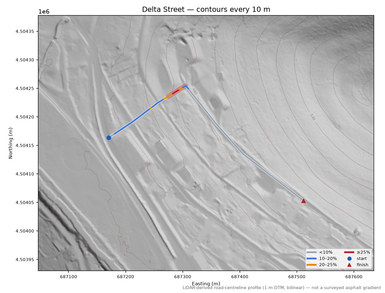 Delta Street LiDAR hillshade map with contours