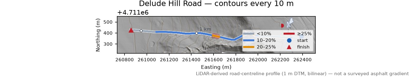 Delude Hill Road LiDAR hillshade map with contours