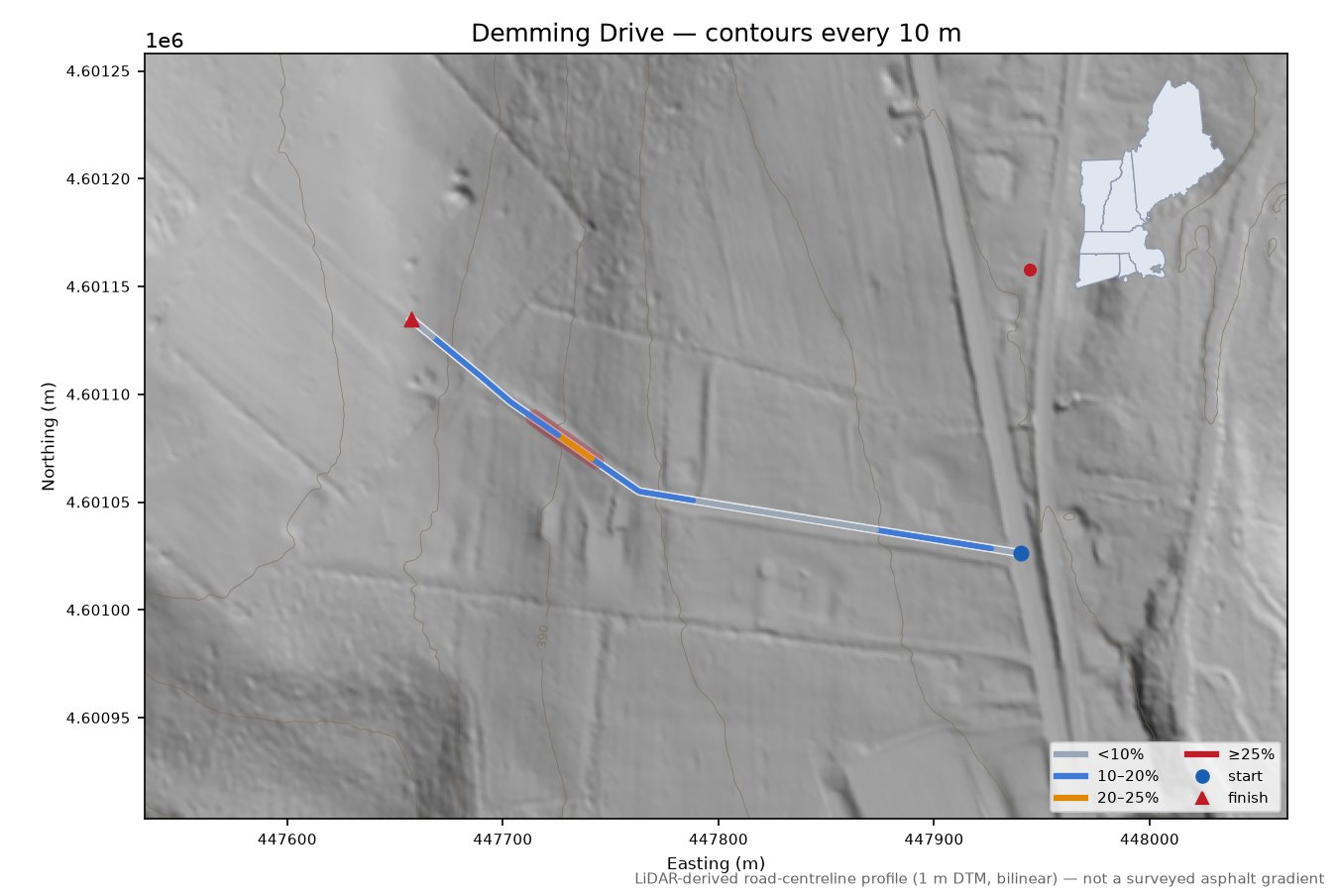 Demming Drive LiDAR hillshade map with contours
