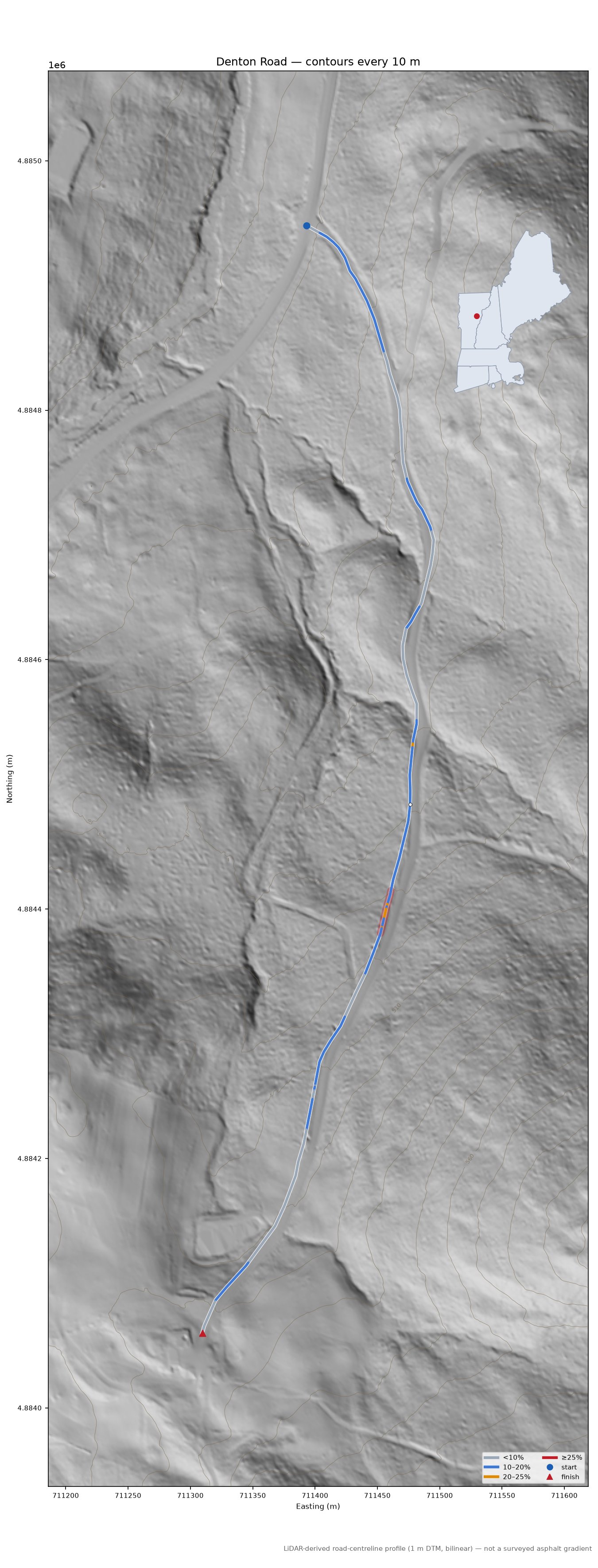 Denton Road LiDAR hillshade map with contours
