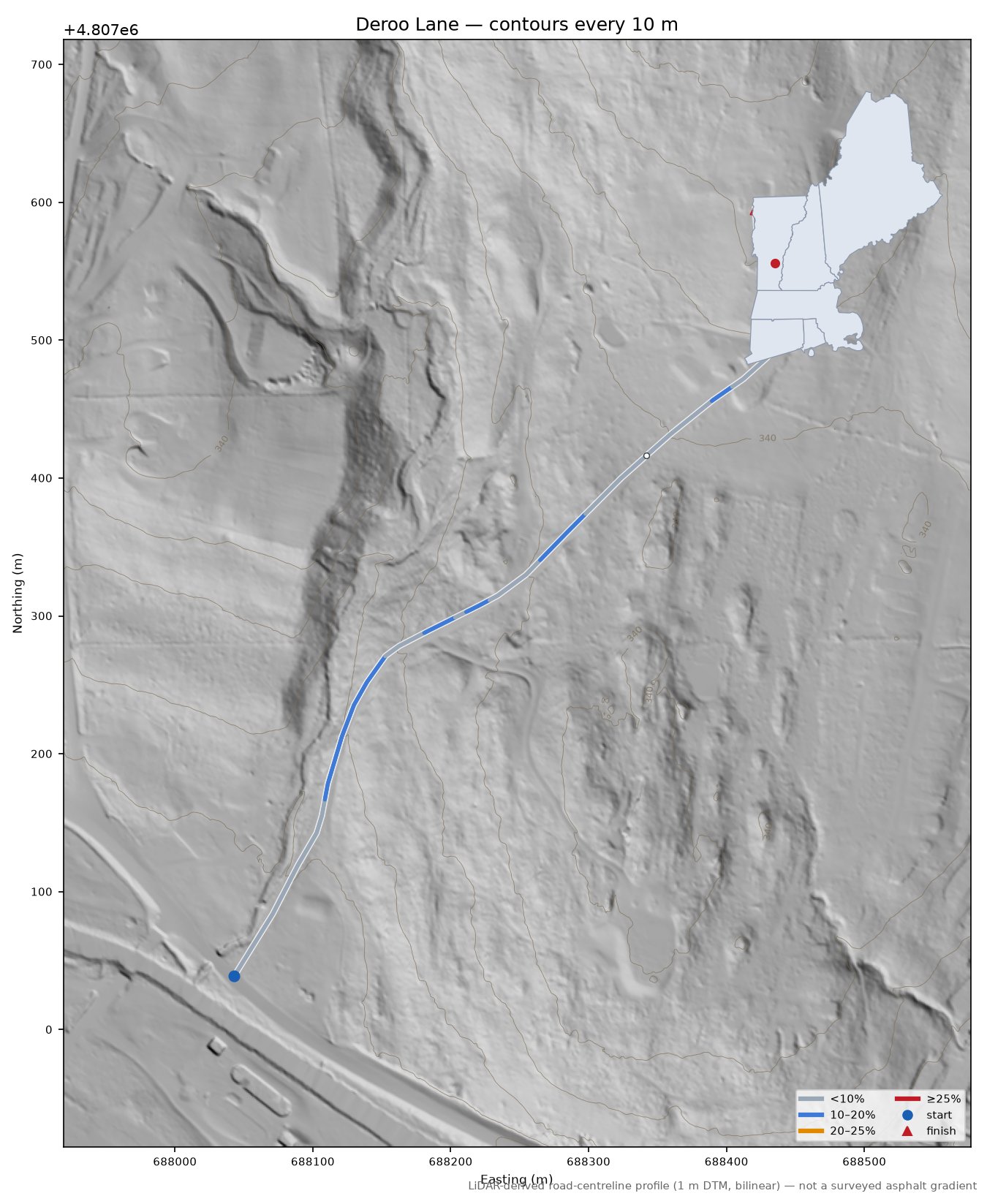 Deroo Lane LiDAR hillshade map with contours
