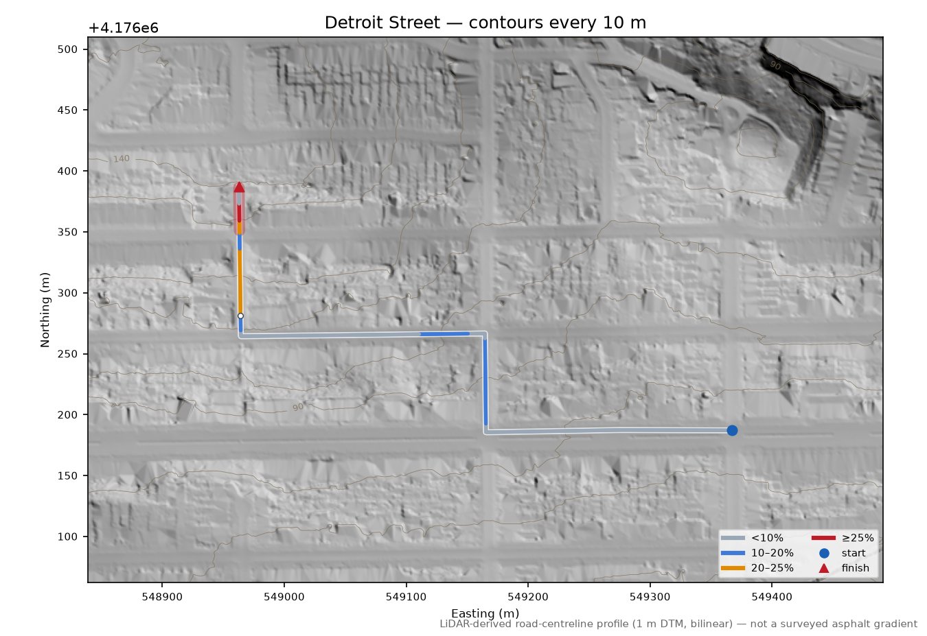 Detroit Street LiDAR hillshade map with contours