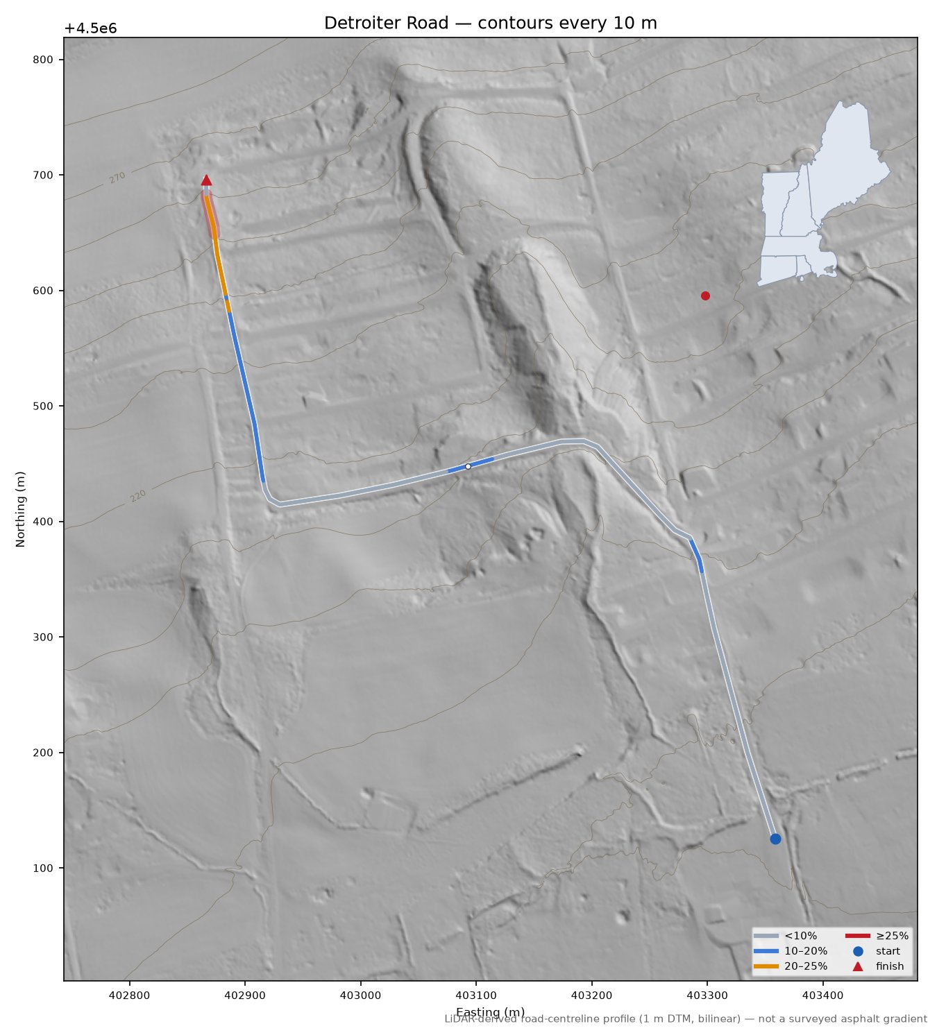 Detroiter Road LiDAR hillshade map with contours