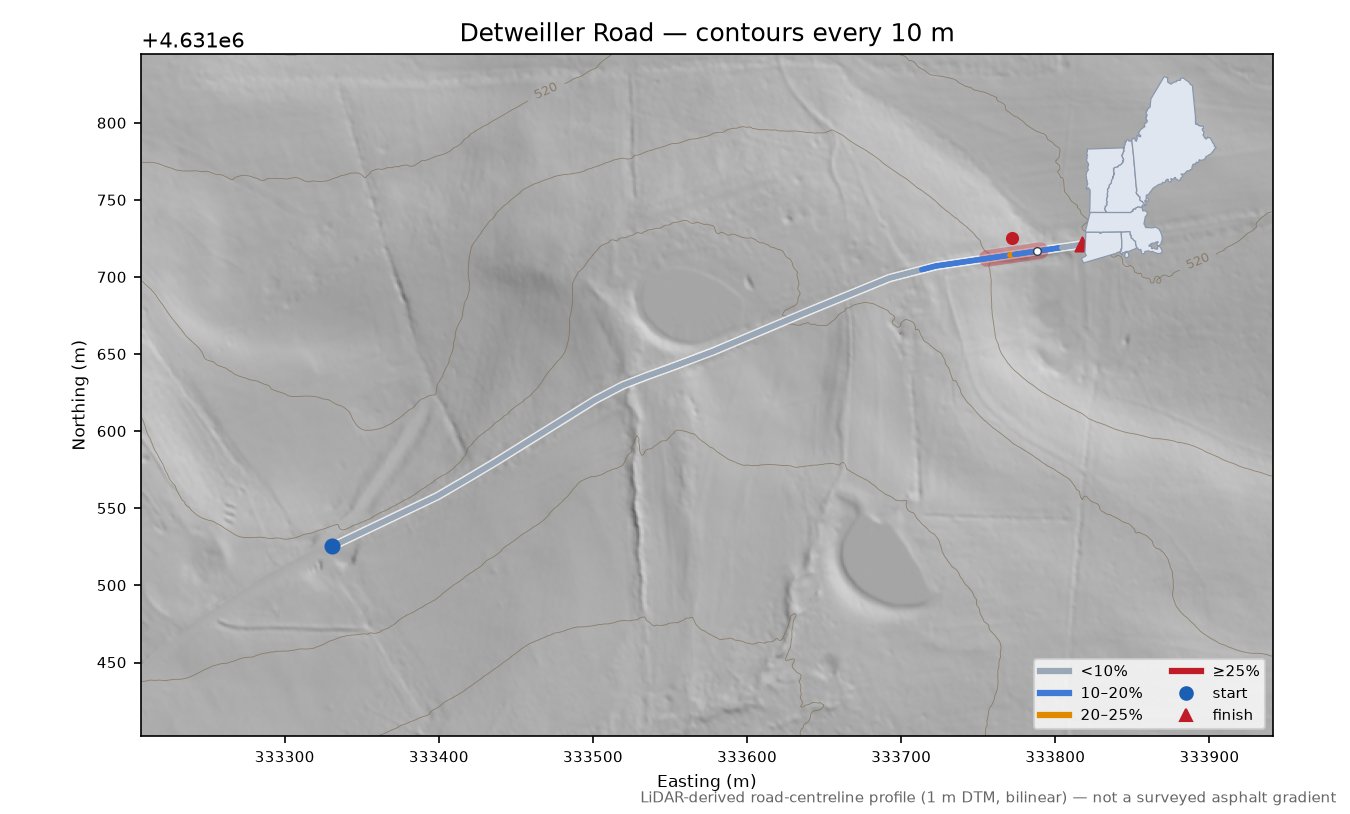 Detweiller Road LiDAR hillshade map with contours