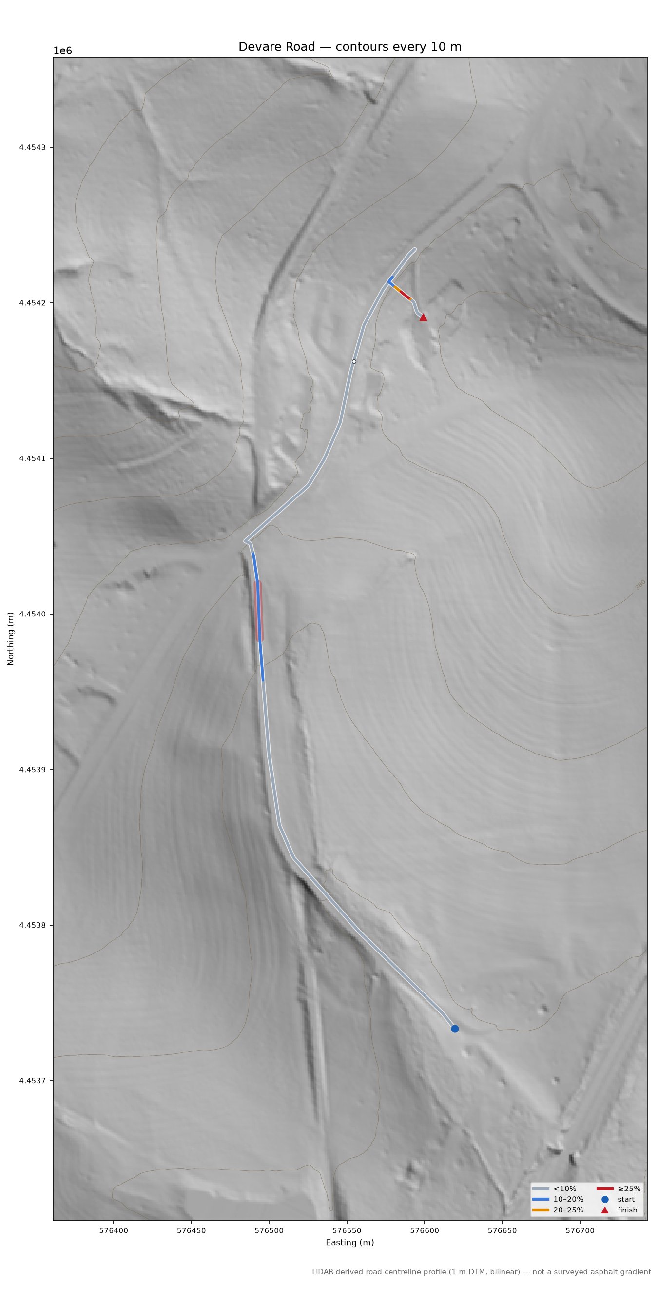 Devare Road LiDAR hillshade map with contours