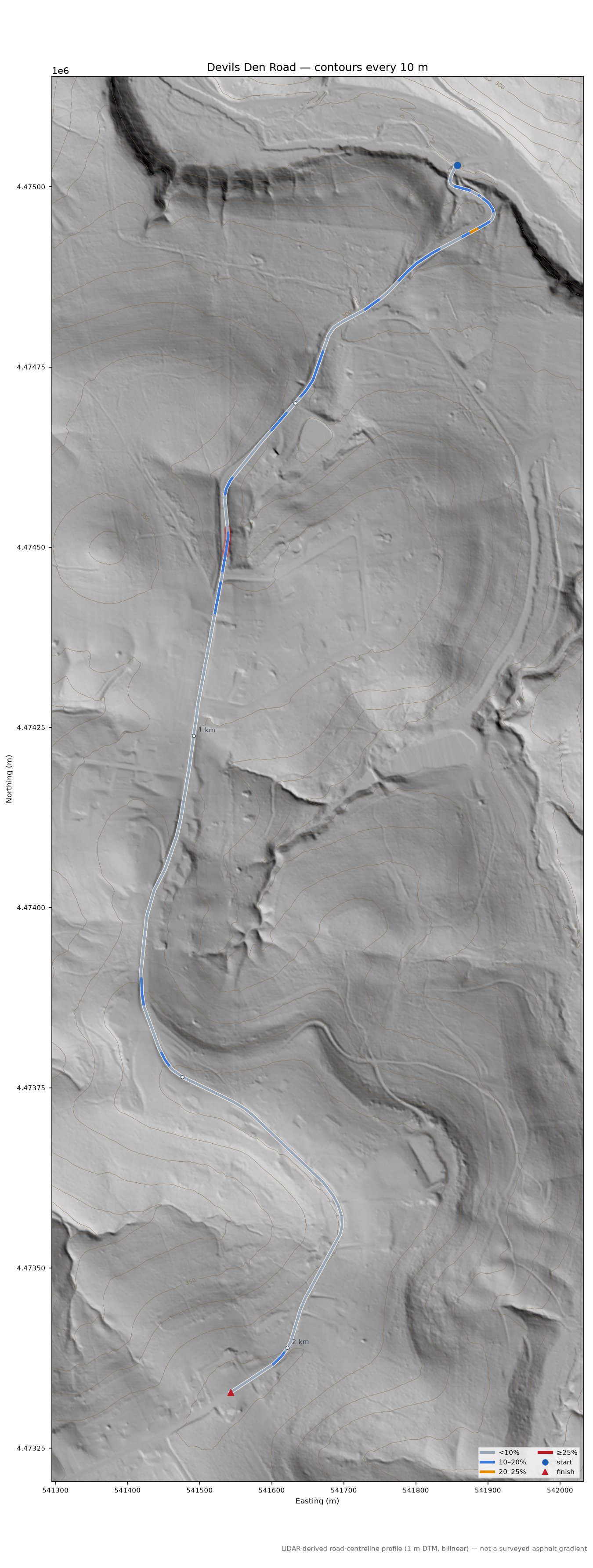 Devils Den Road LiDAR hillshade map with contours