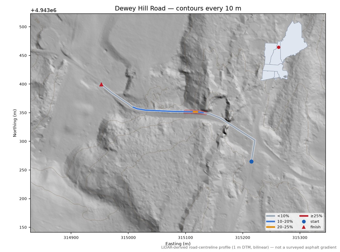 Dewey Hill Road LiDAR hillshade map with contours