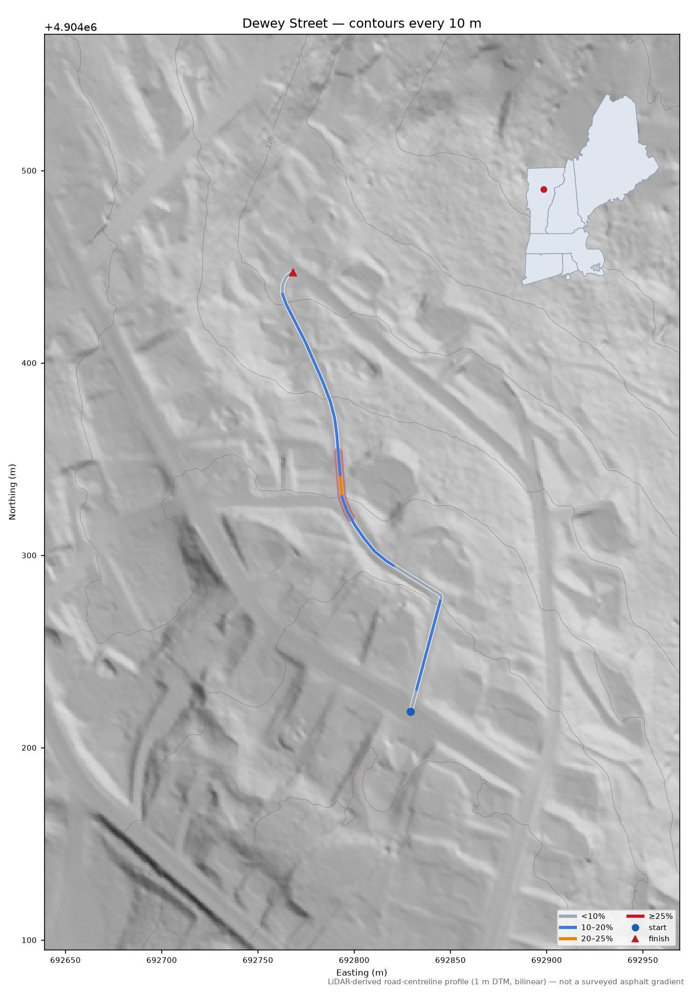 Dewey Street LiDAR hillshade map with contours