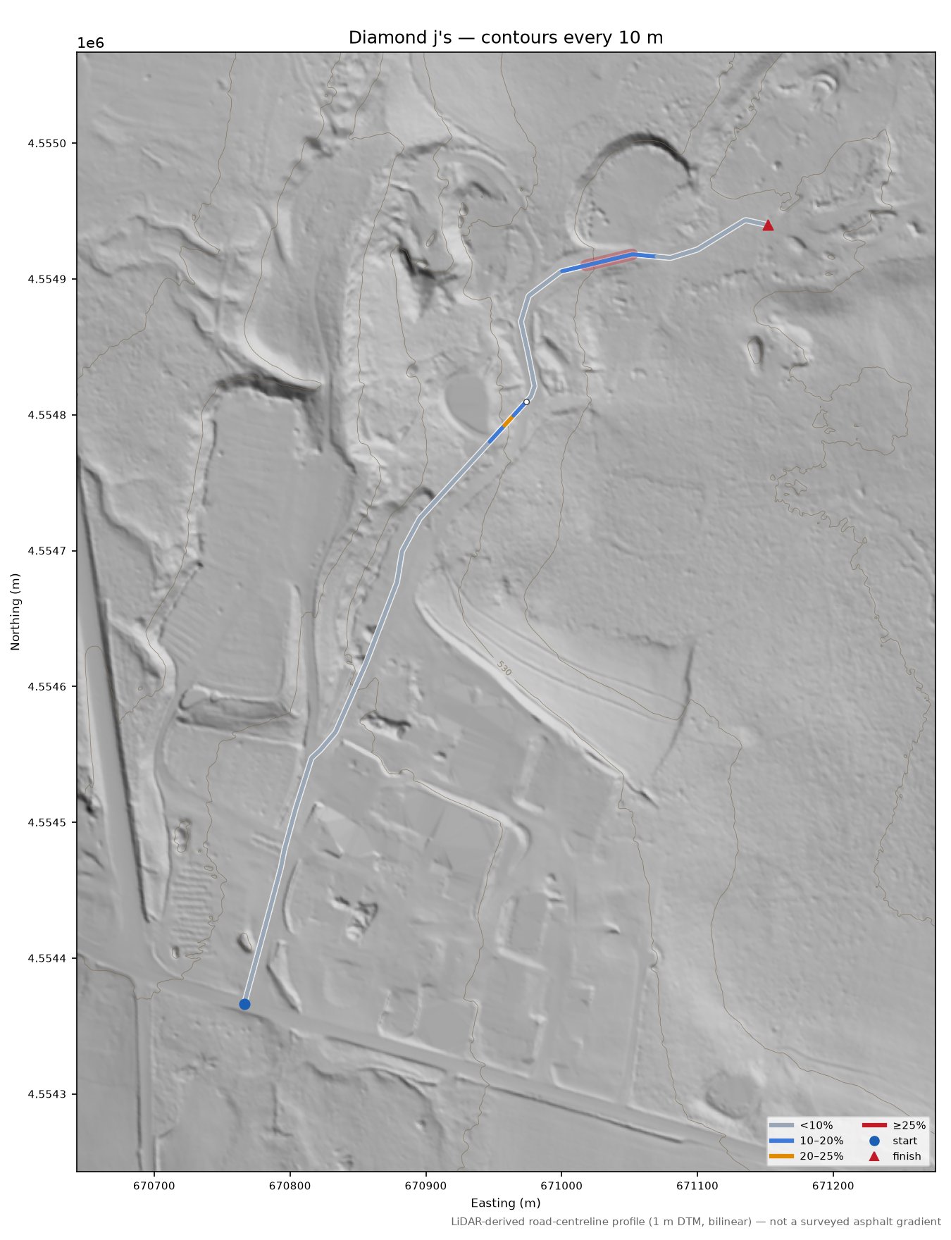 Diamond j's LiDAR hillshade map with contours