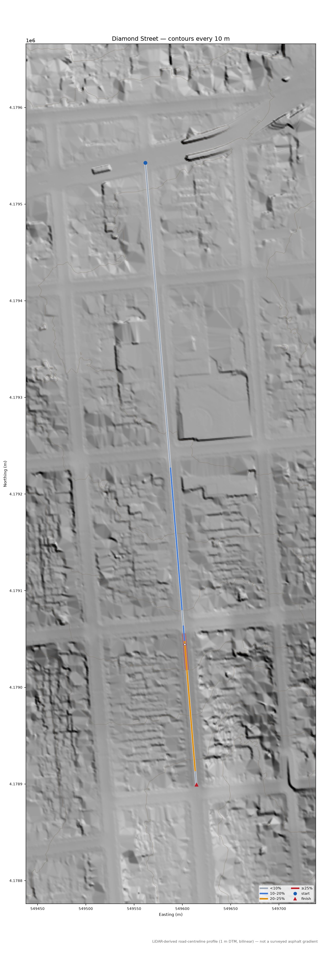 Diamond Street LiDAR hillshade map with contours