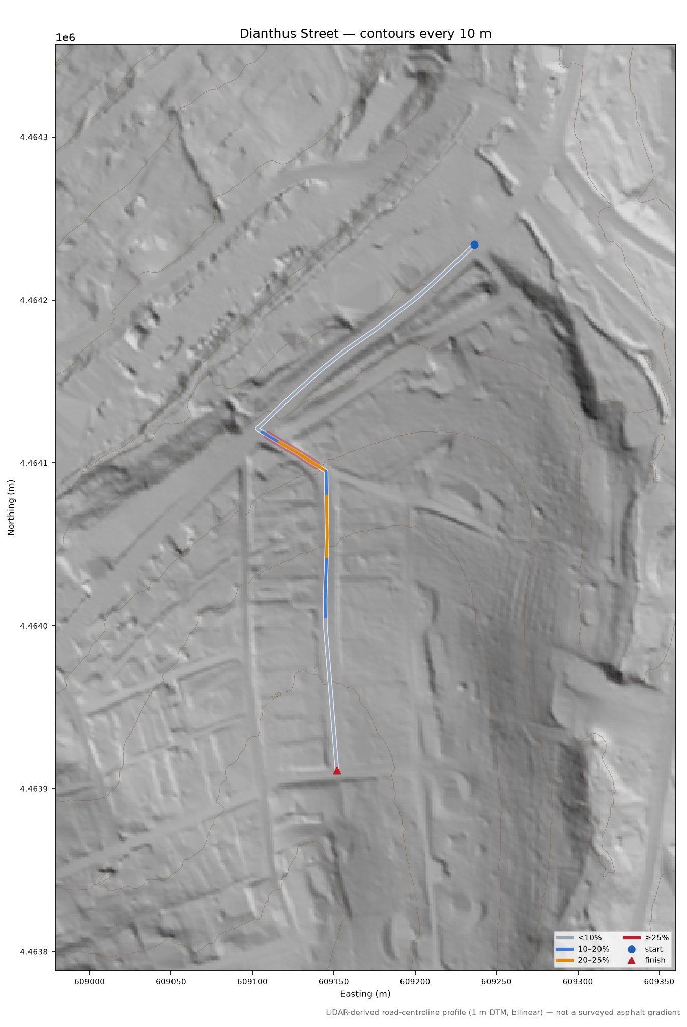 Dianthus Street LiDAR hillshade map with contours