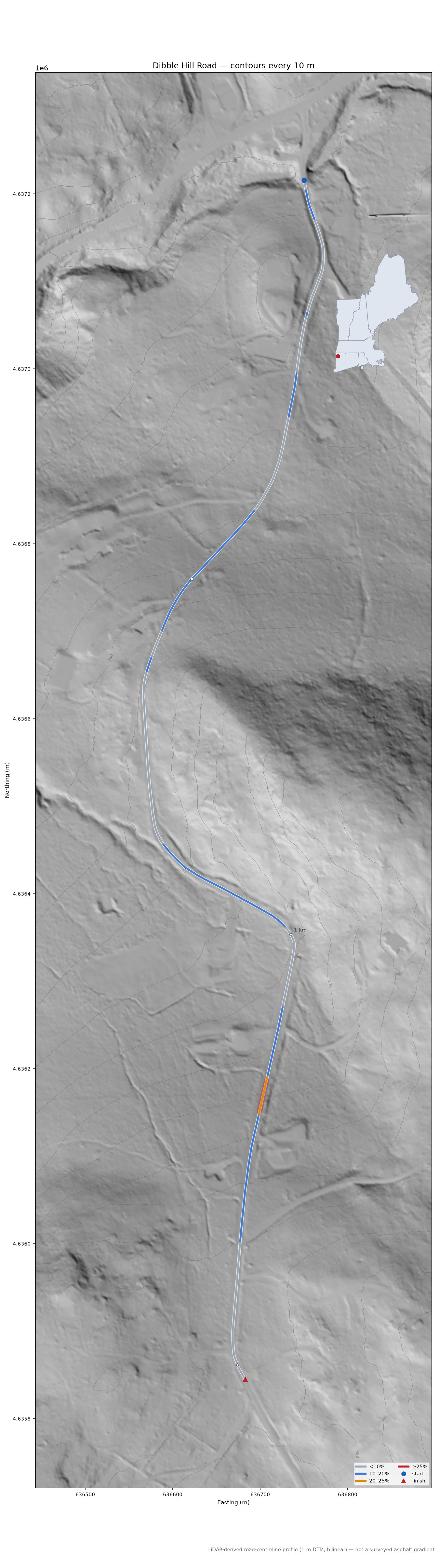 Dibble Hill Road LiDAR hillshade map with contours