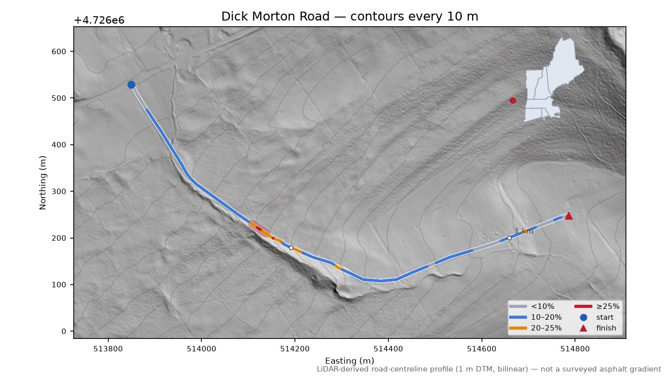Dick Morton Road LiDAR hillshade map with contours