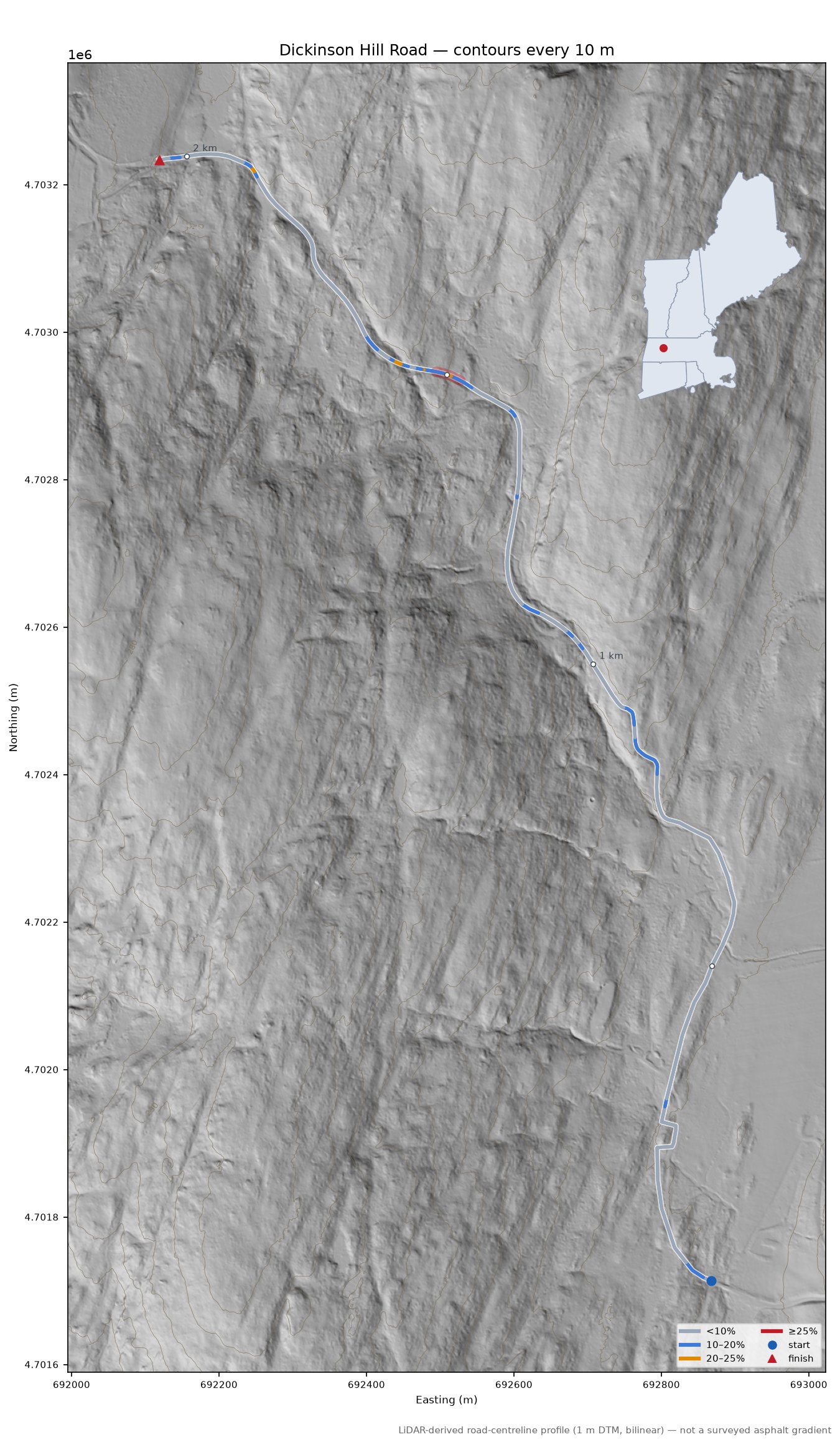 Dickinson Hill Road LiDAR hillshade map with contours