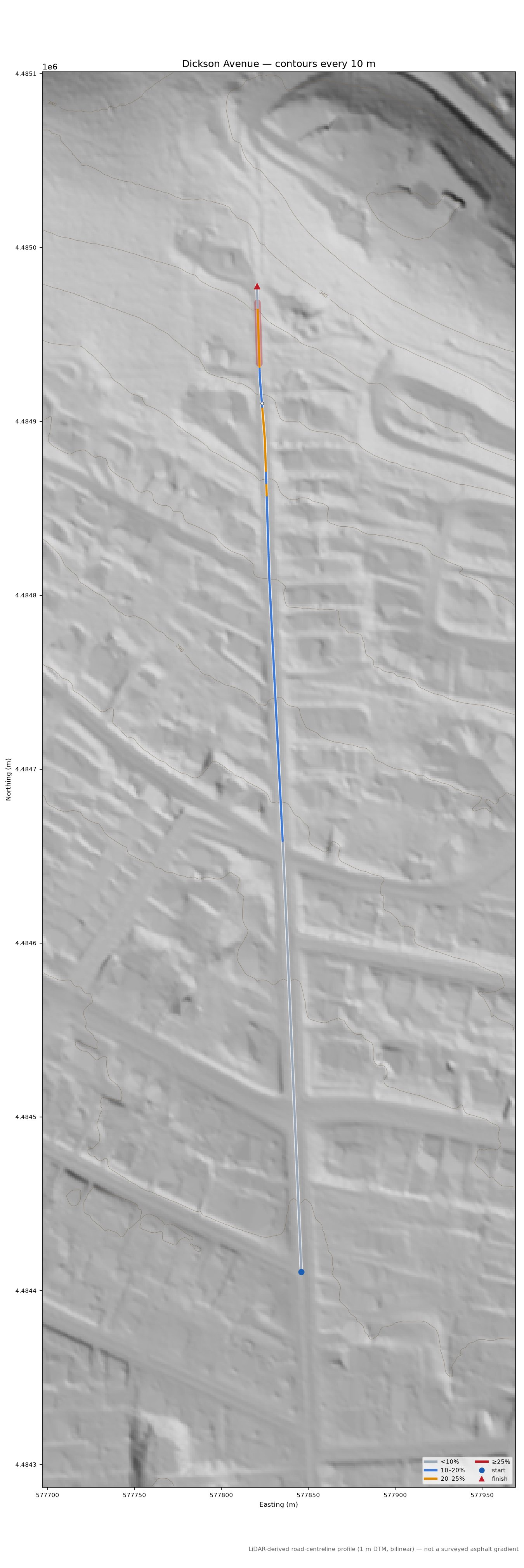 Dickson Avenue LiDAR hillshade map with contours