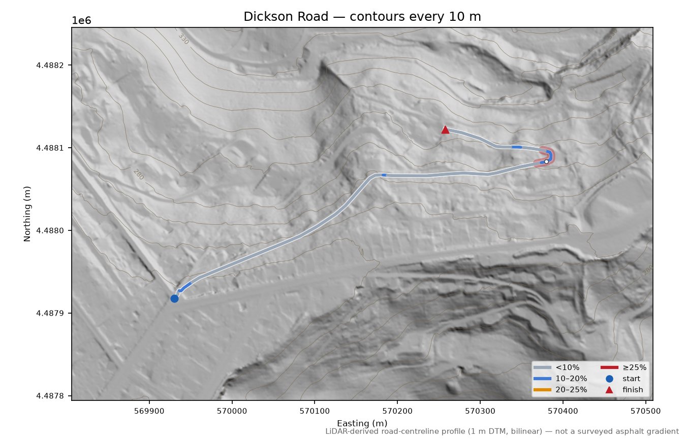 Dickson Road LiDAR hillshade map with contours