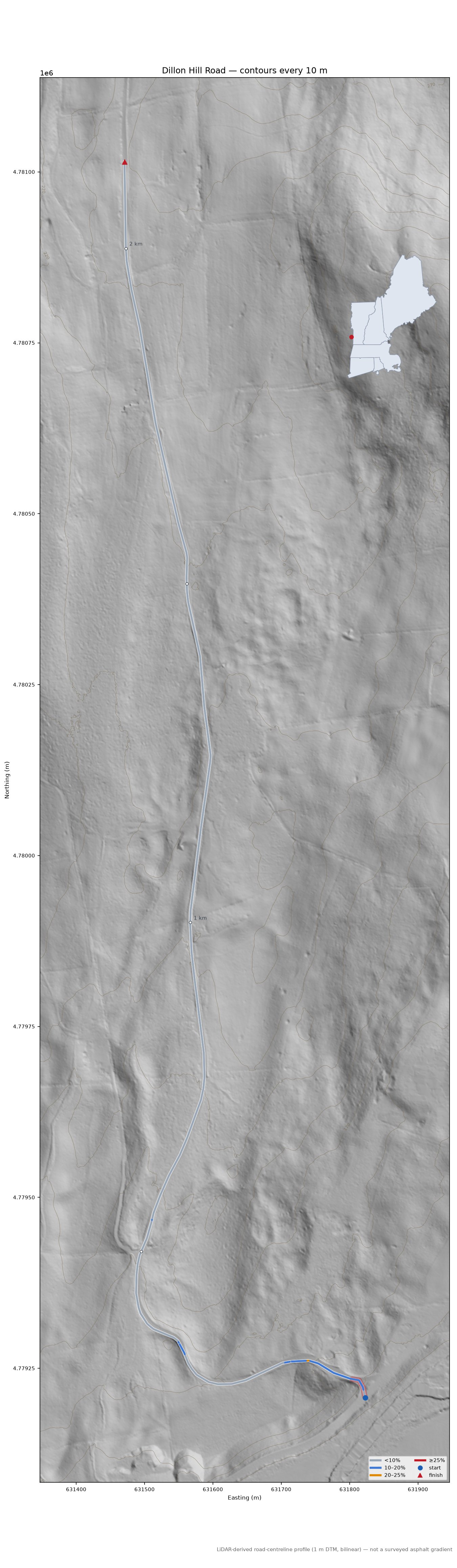 Dillon Hill Road LiDAR hillshade map with contours