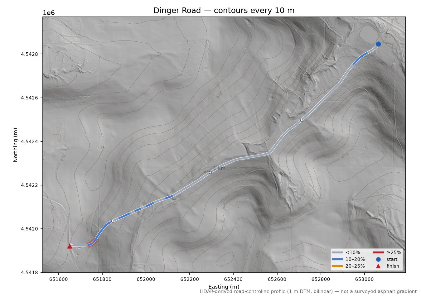 Dinger Road LiDAR hillshade map with contours