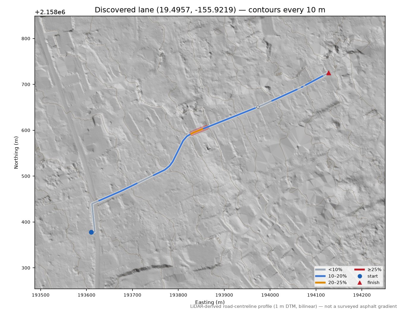 Discovered lane (19.4957, -155.9219) LiDAR hillshade map with contours