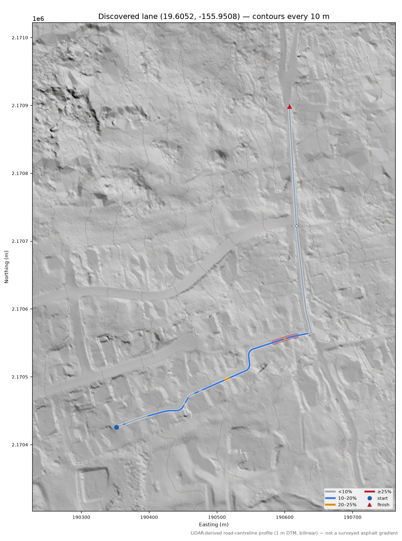 Discovered lane (19.6052, -155.9508) LiDAR hillshade map with contours
