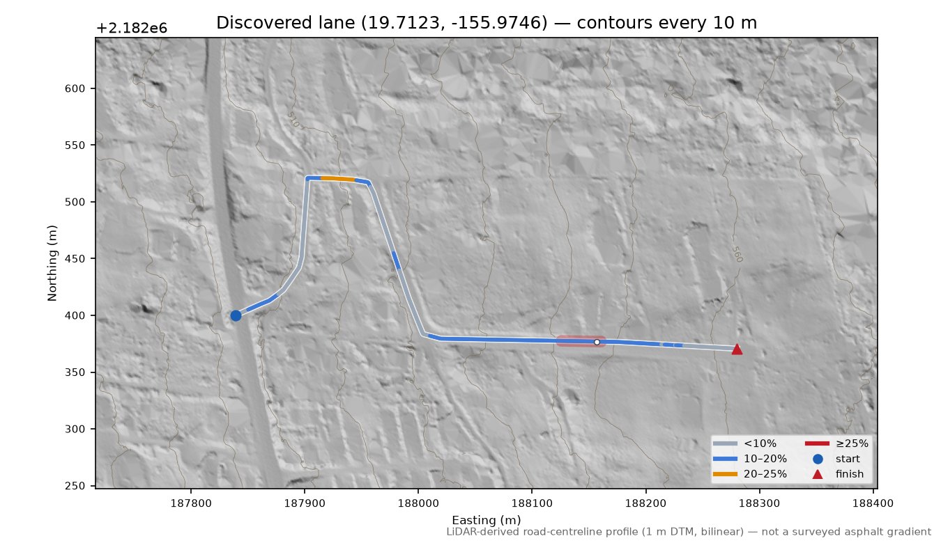 Discovered lane (19.7123, -155.9746) LiDAR hillshade map with contours