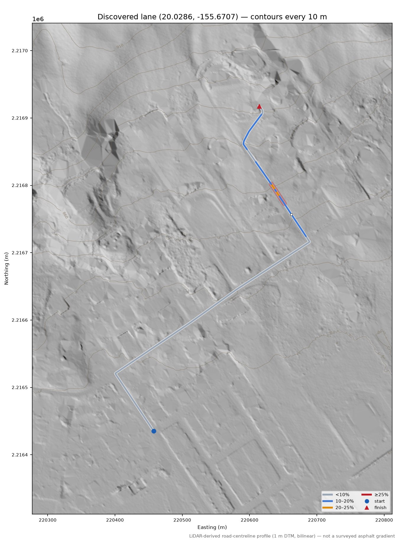 Discovered lane (20.0286, -155.6707) LiDAR hillshade map with contours