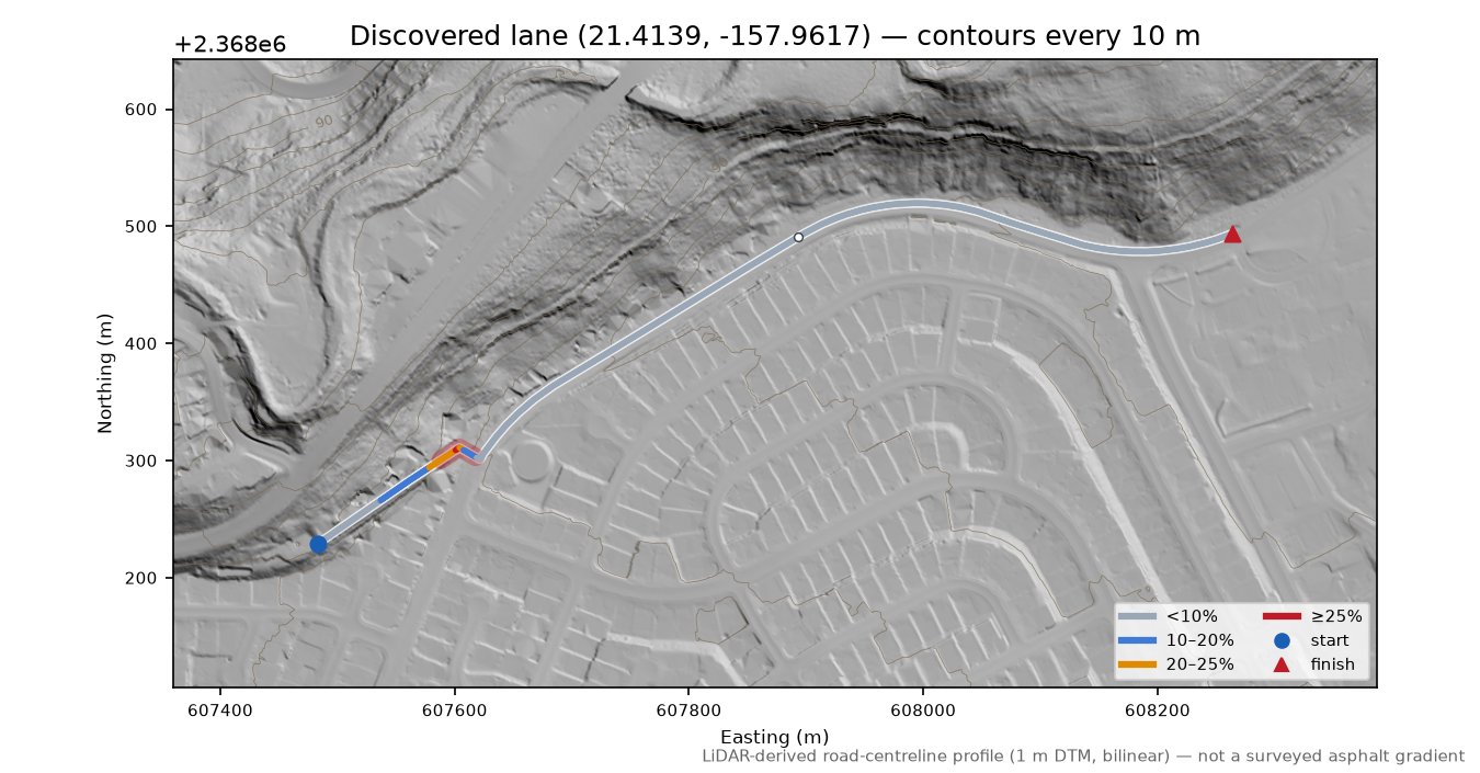 Discovered lane (21.4139, -157.9617) LiDAR hillshade map with contours