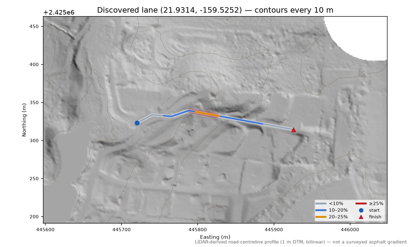 Discovered lane (21.9314, -159.5252) LiDAR hillshade map with contours