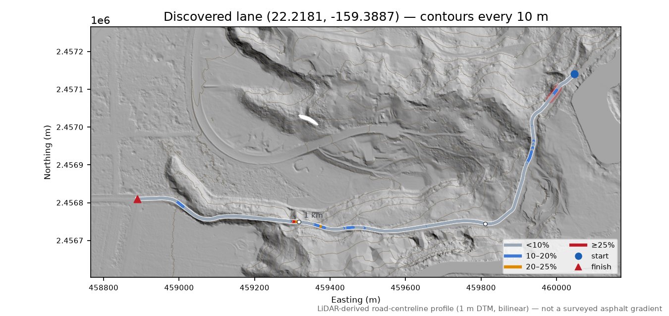Discovered lane (22.2181, -159.3887) LiDAR hillshade map with contours