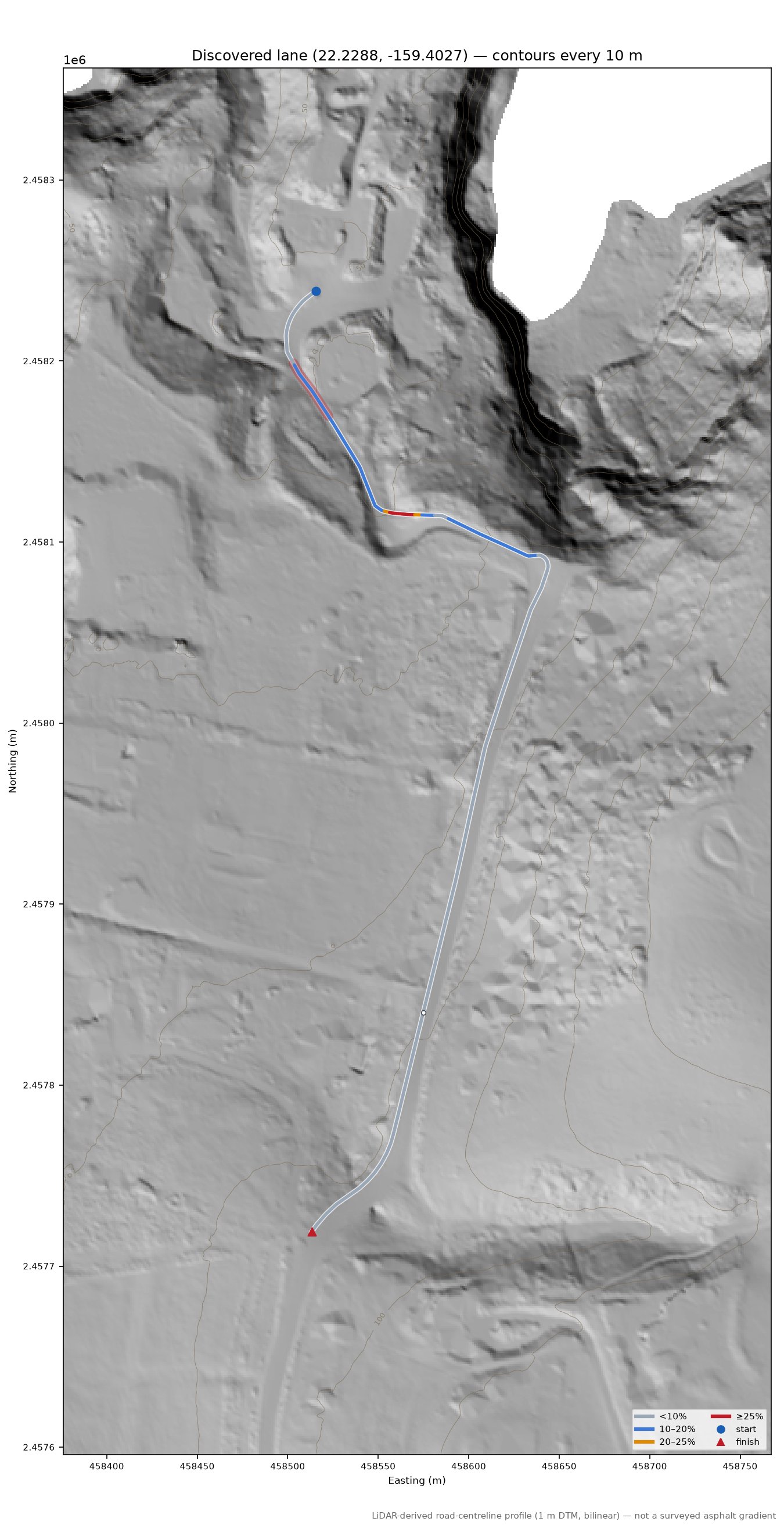 Discovered lane (22.2288, -159.4027) LiDAR hillshade map with contours