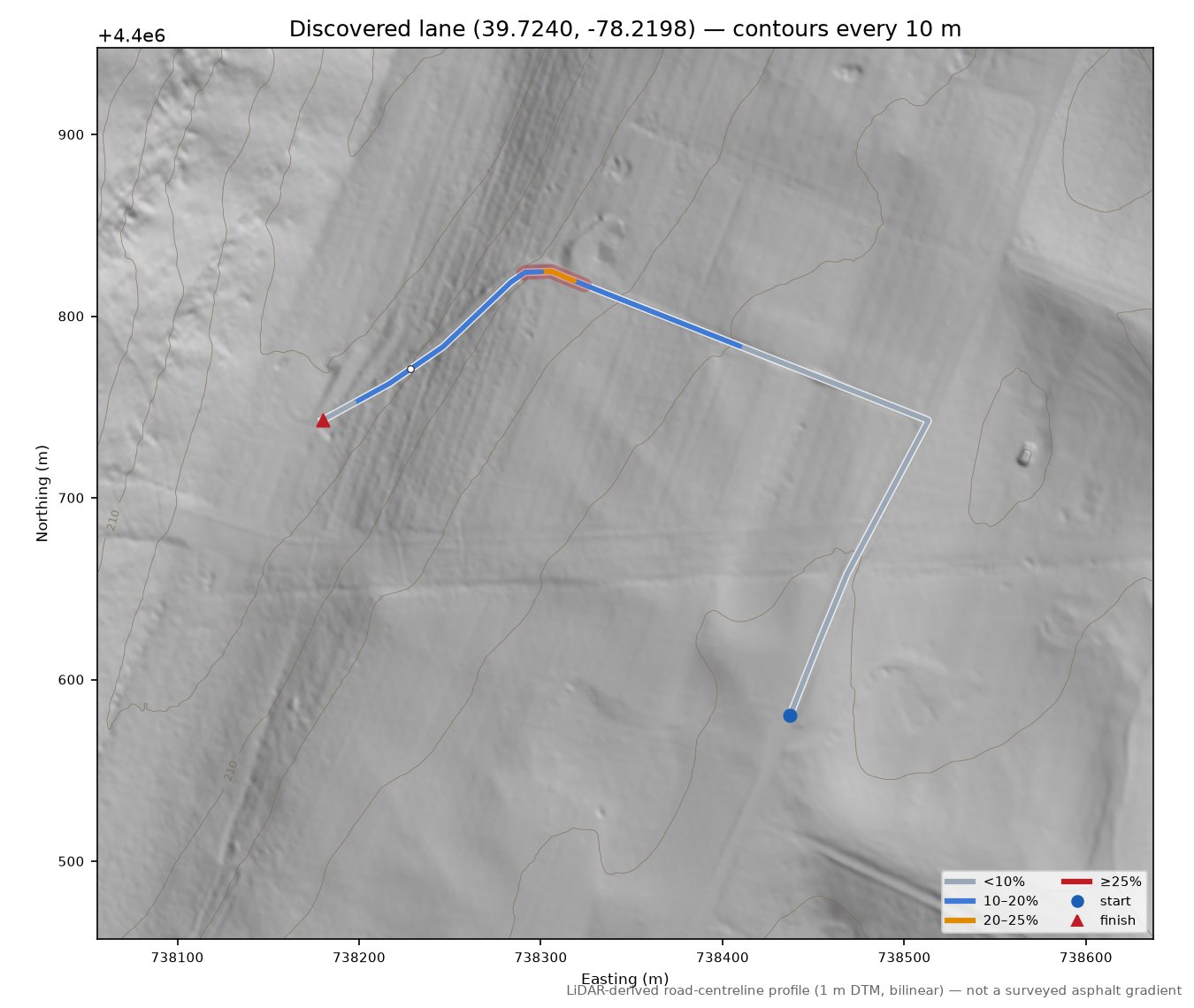 Discovered lane (39.7240, -78.2198) LiDAR hillshade map with contours