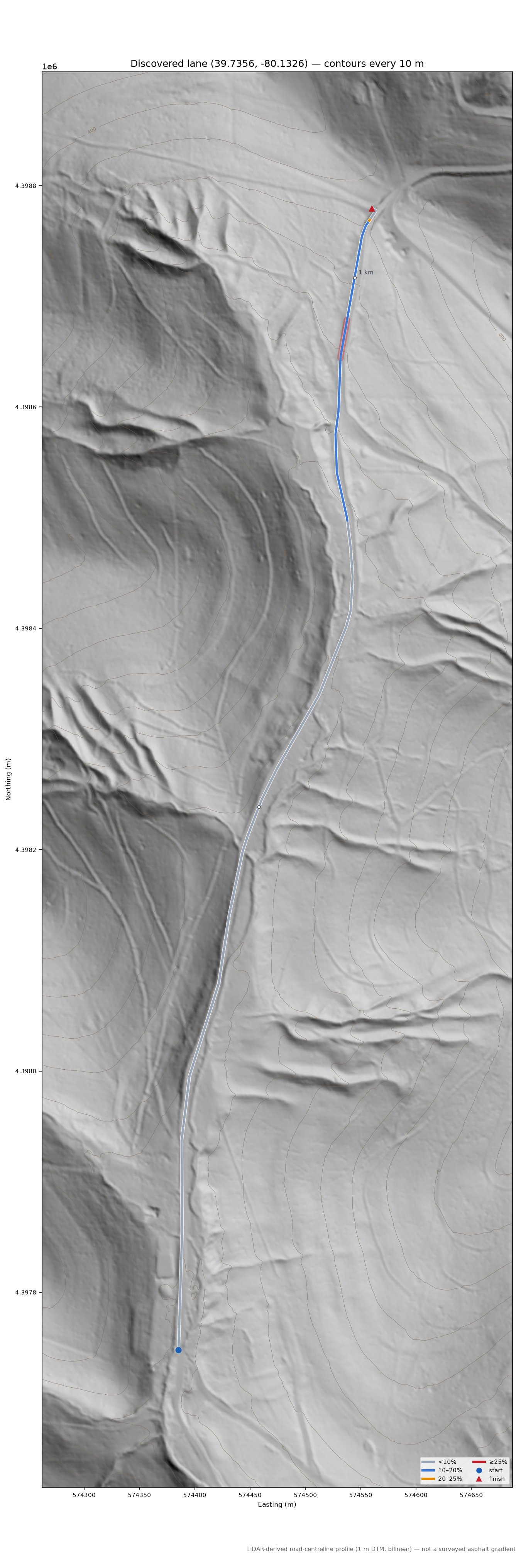 Discovered lane (39.7356, -80.1326) LiDAR hillshade map with contours