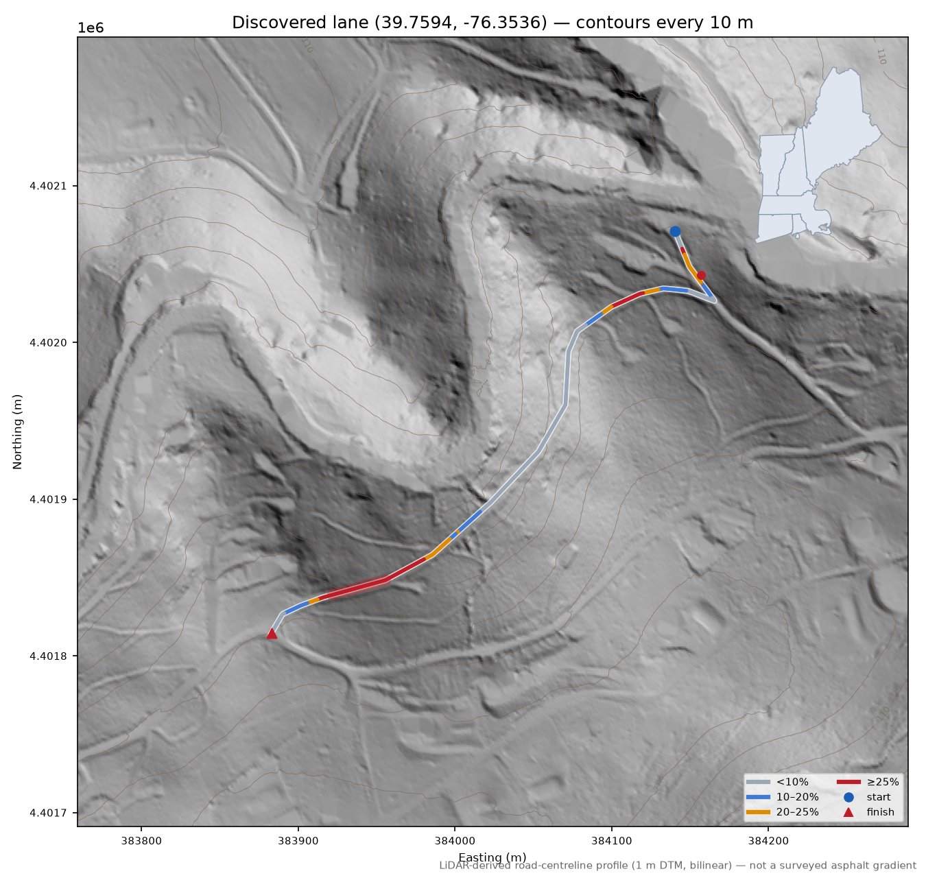 Discovered lane (39.7594, -76.3536) LiDAR hillshade map with contours