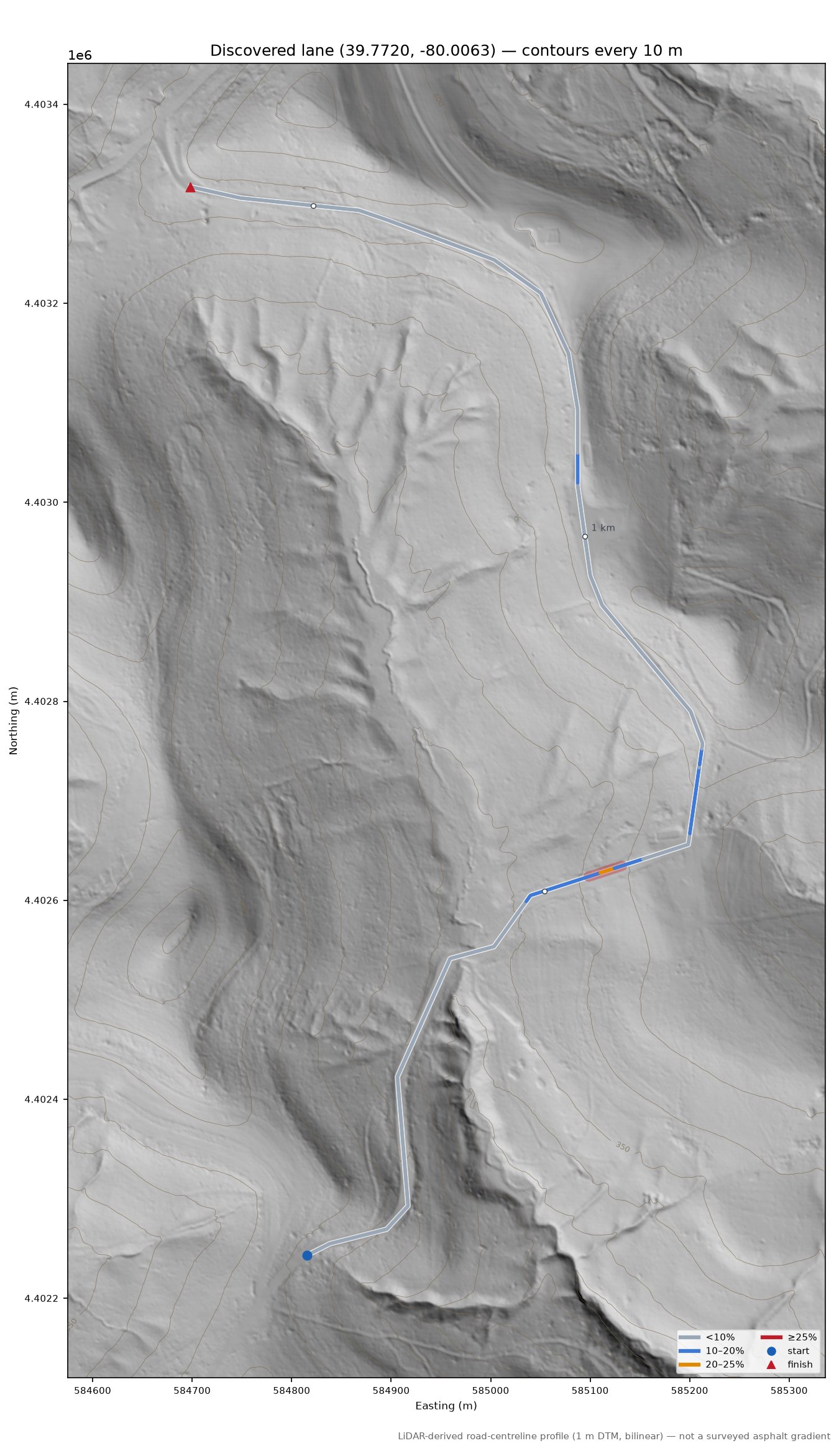 Discovered lane (39.7720, -80.0063) LiDAR hillshade map with contours